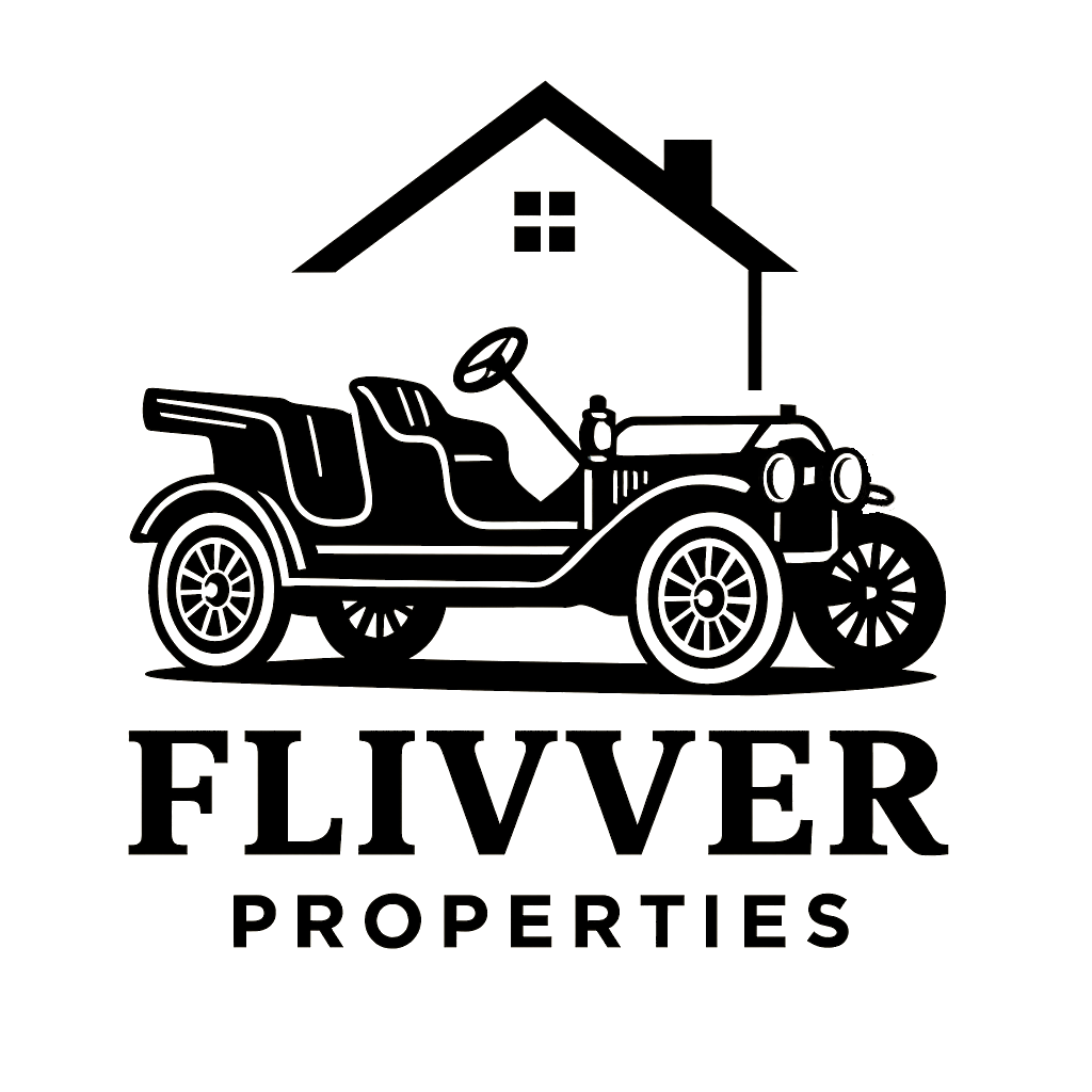 Line drawing of an old-fashioned car in front of a house with a tree, with the text 'FLIVVER PROPERTIES' underneath.