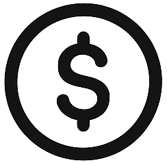 Black and white icon of a dollar sign within a circle.