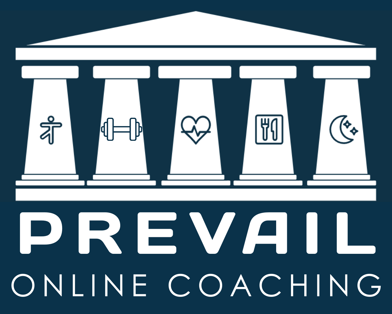 Logo for PREVAIL online coaching featuring a stylized Greek temple with five columns, each with an icon representing mobility, strength, heart health, nutrition, and sleep, below the name PREVAIL and the text online coaching.