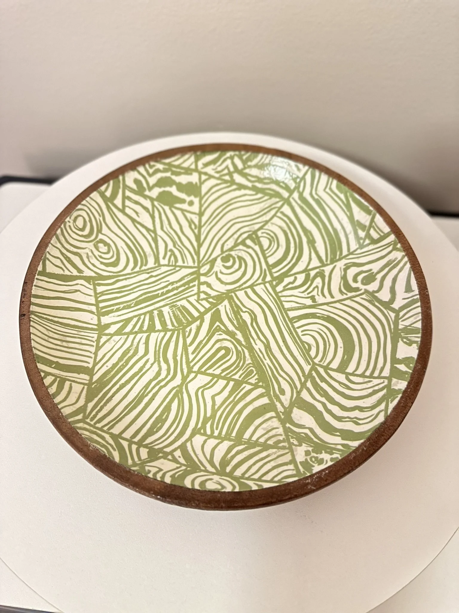 Abstract Green & White Enameled Acacia Wood Bowl by designer Chad Barrett