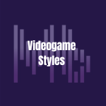 Text reading 'Videogame Styles' on a purple background with vertical lines.