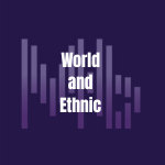 Text reading 'World and Ethnic' with abstract vertical purple lines on a dark purple background.