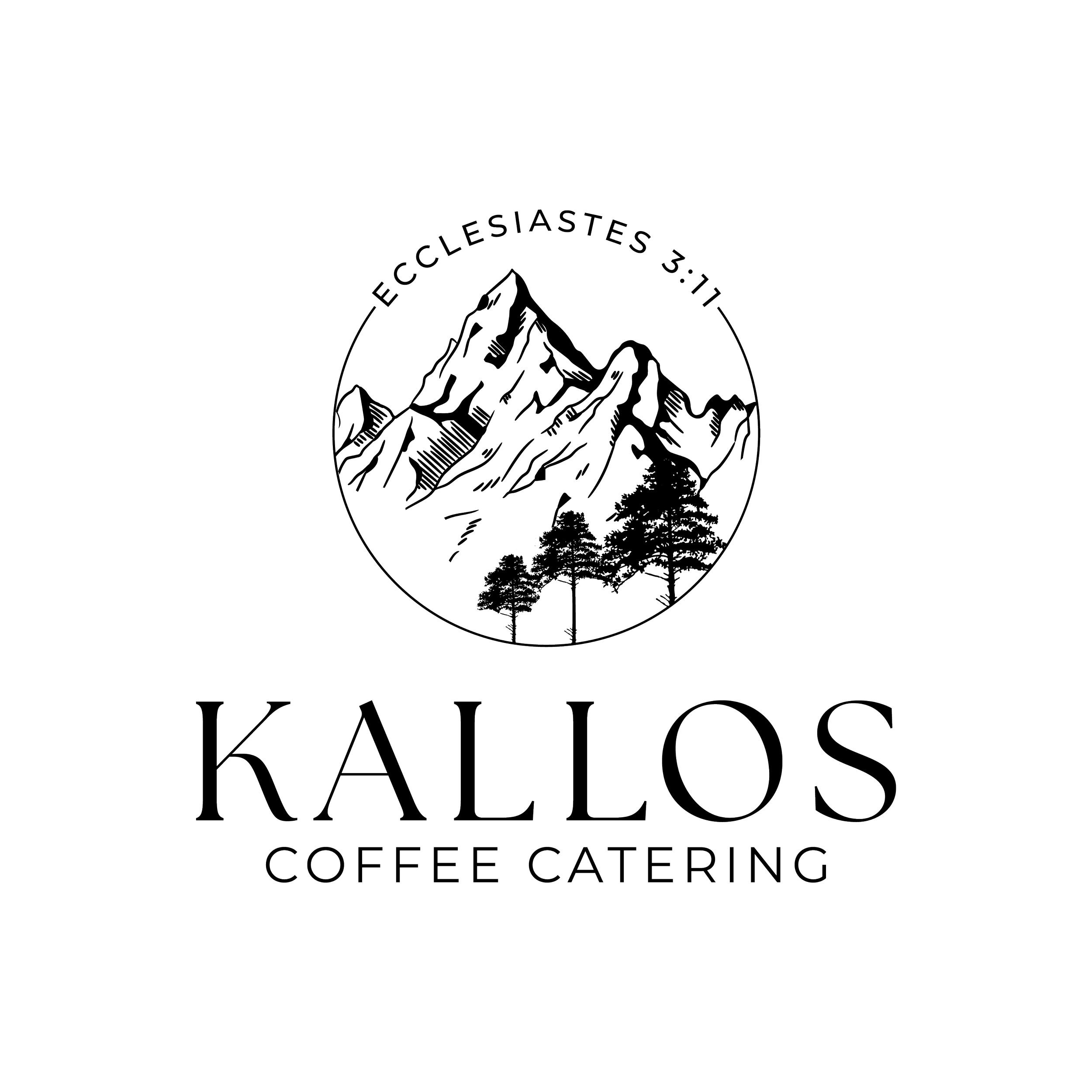 Logo for Kallos Coffee Catering featuring mountains and trees with the text 'Kallos Coffee Catering' and the phrase 'Ecclesiastes 3:11' around the mountains. Custom Espresso Bar and Mobile Coffee Catering