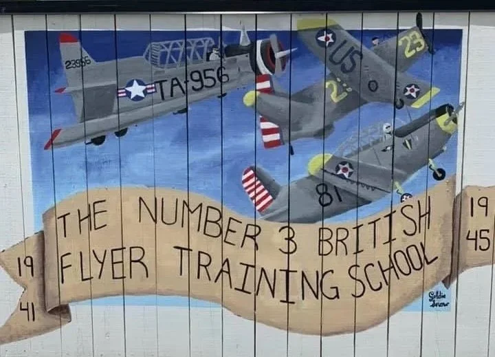 British Flyer Training School Mural in Miami, Oklahoma. Exterior Vinyl Acrylic on Wood by Goldie Snow