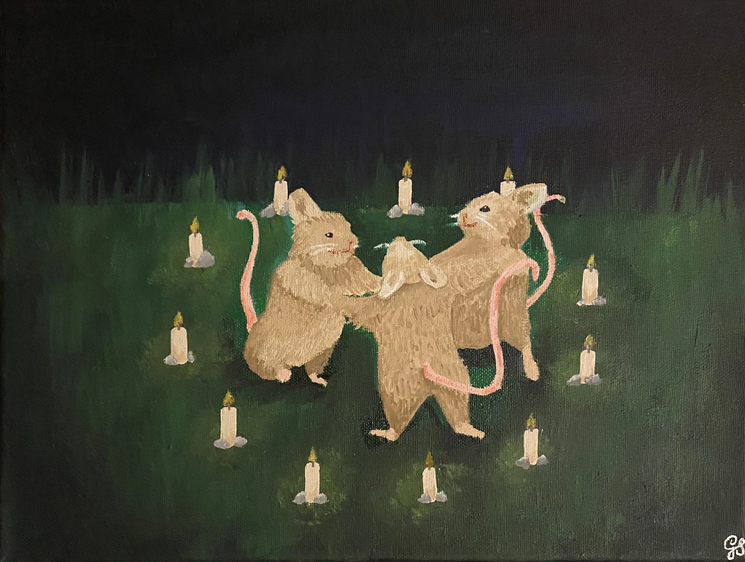 three seeing mice - acrylic on canvas by Goldie Snow