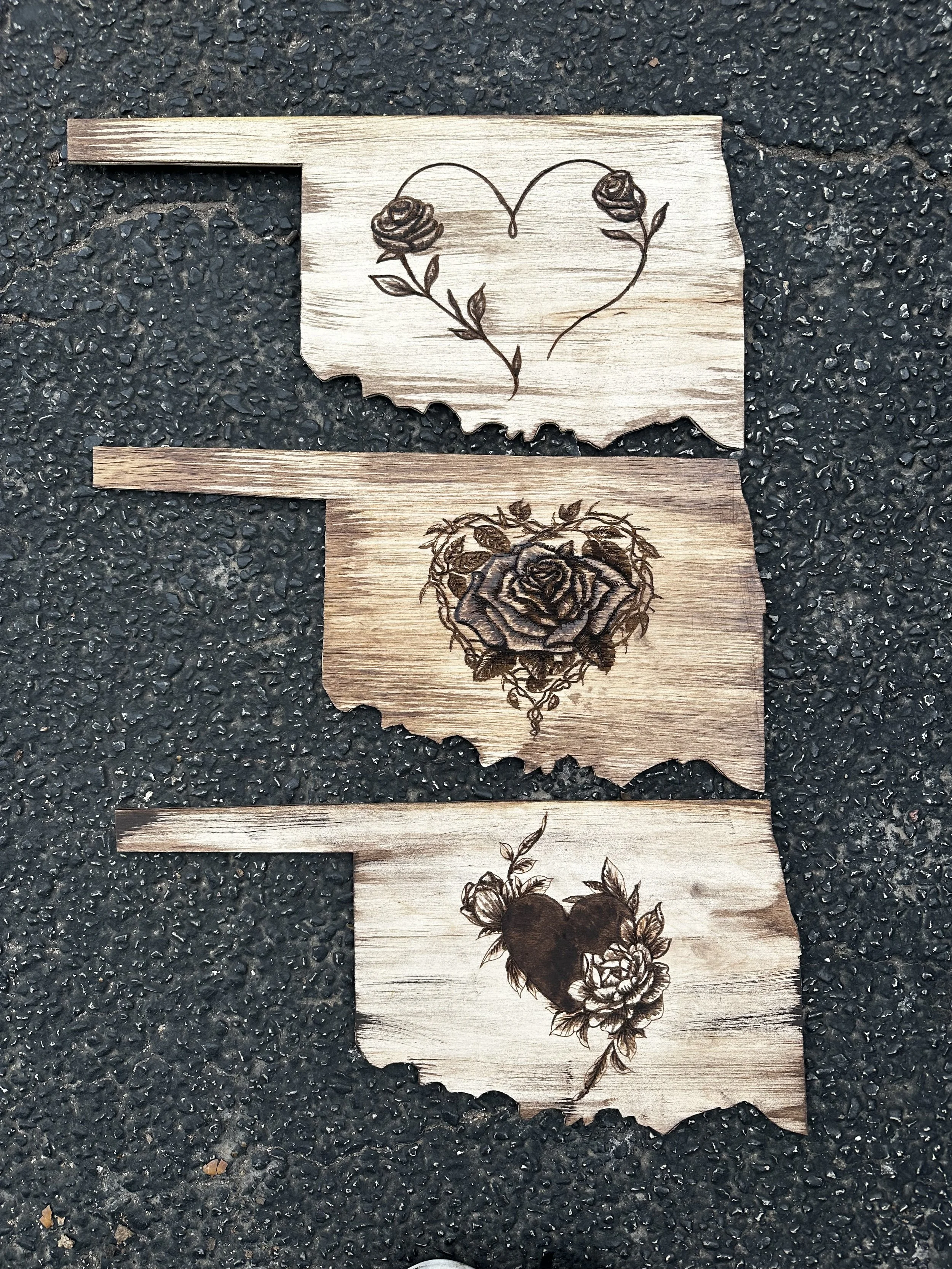 OKlahoma roses - Wood burning and stain by Goldie Snow