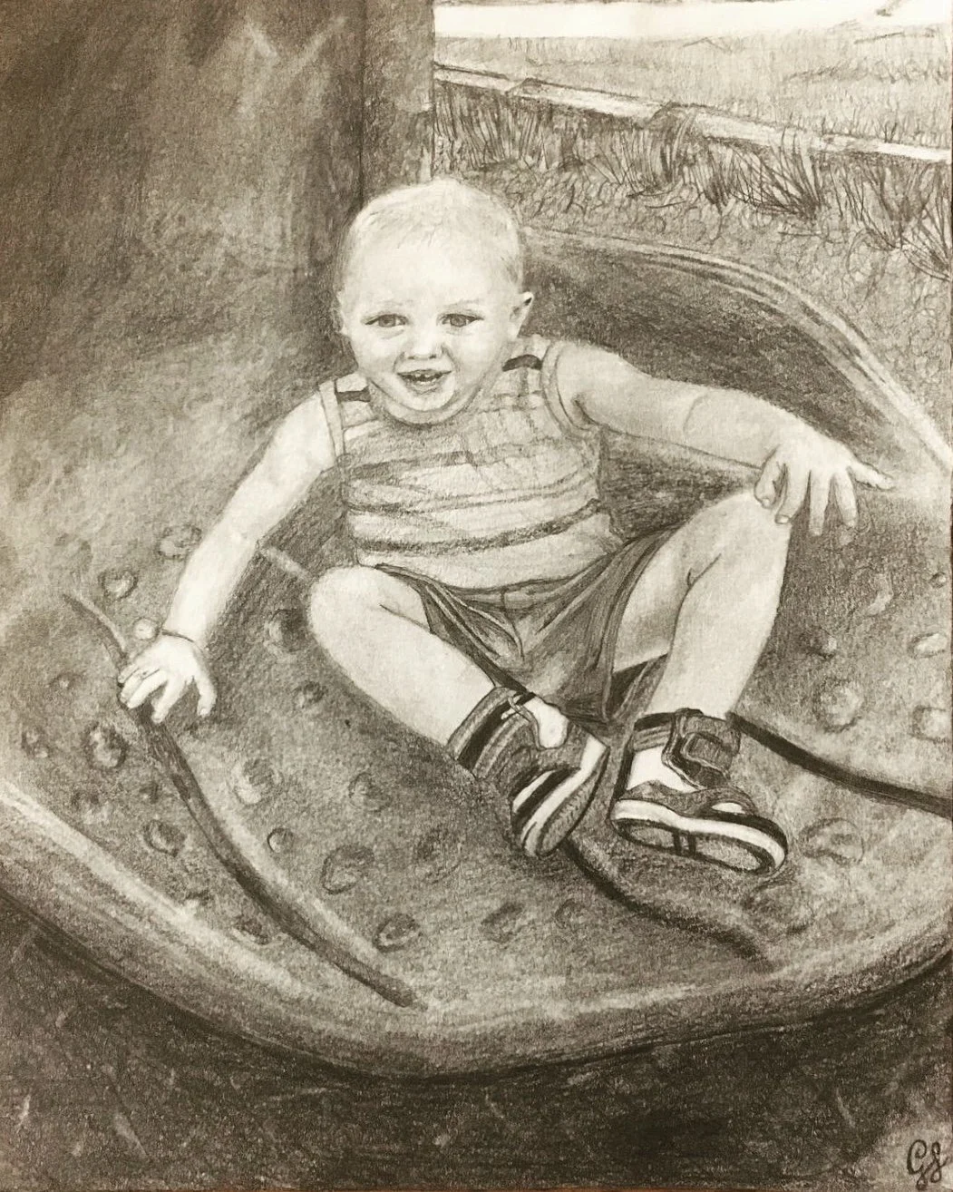 oh boy we slidin' - graphite on paper by Goldie Snow