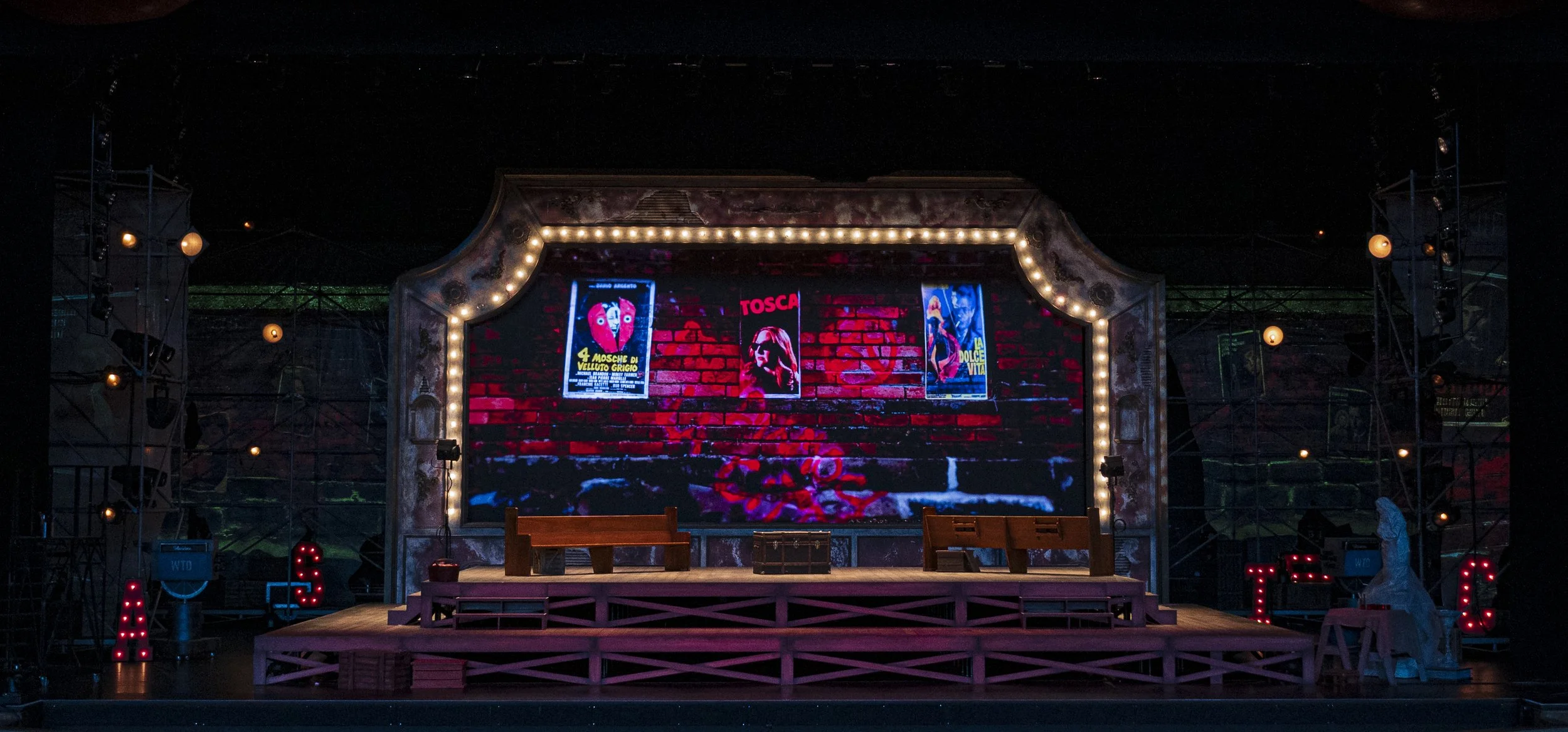 Tosca Opening - TOSCA Letter Lightboxes, Visqueen Tarp Projection Screens, RCA - TK 60 Film Cameras