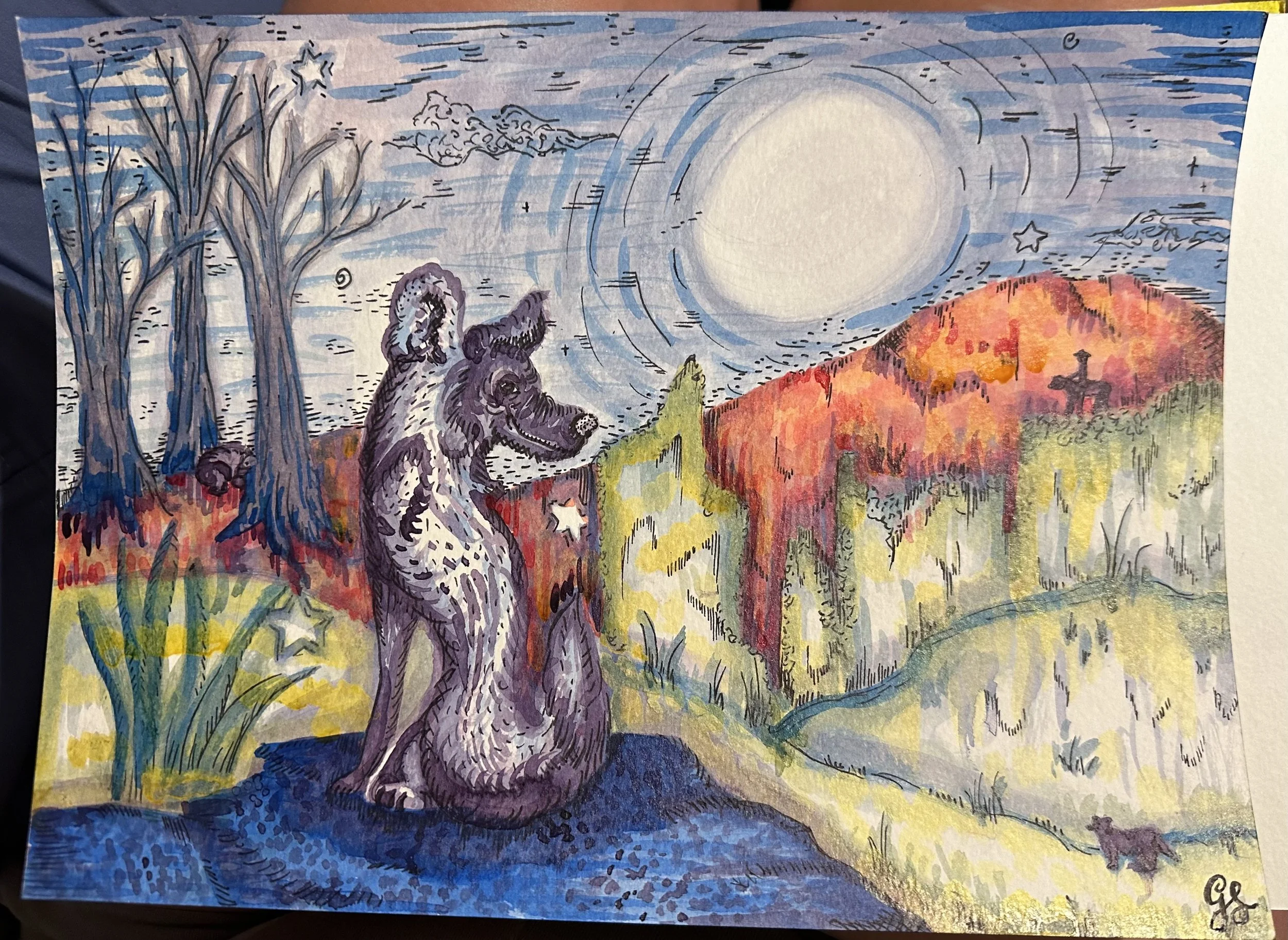 call of the moon - ink on paper by Goldie Snow
