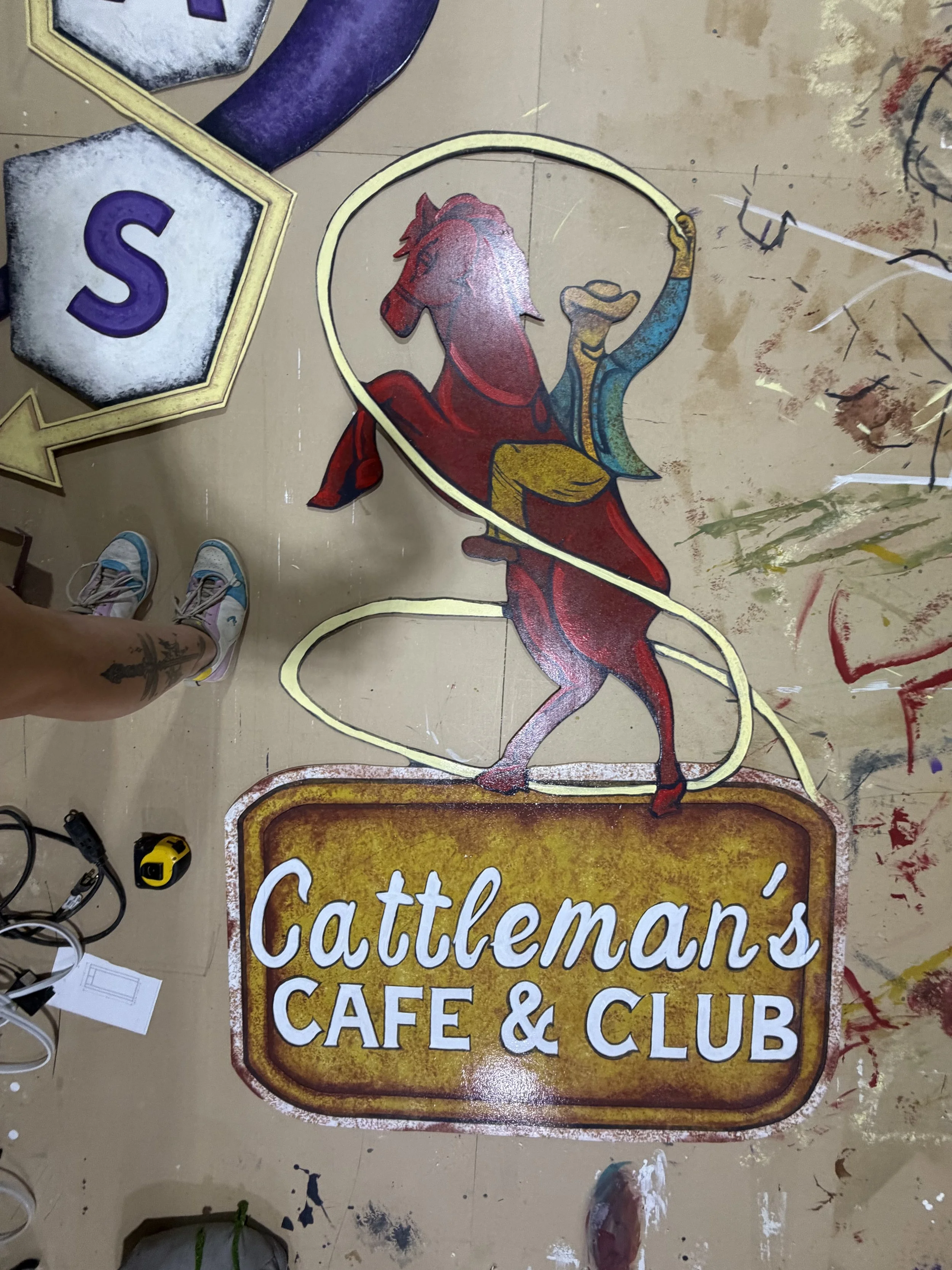 Cattleman's Cafe & Club Sign - Hand lettering, Color Blocking, Rust and Aging, Sealer