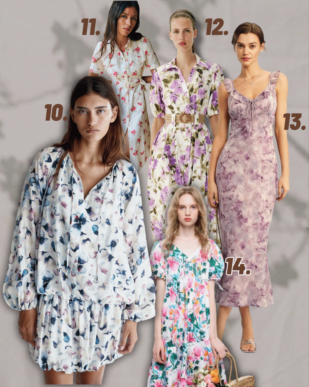 Five women wearing floral dresses, numbered from 10 to 14, standing against a plain background.