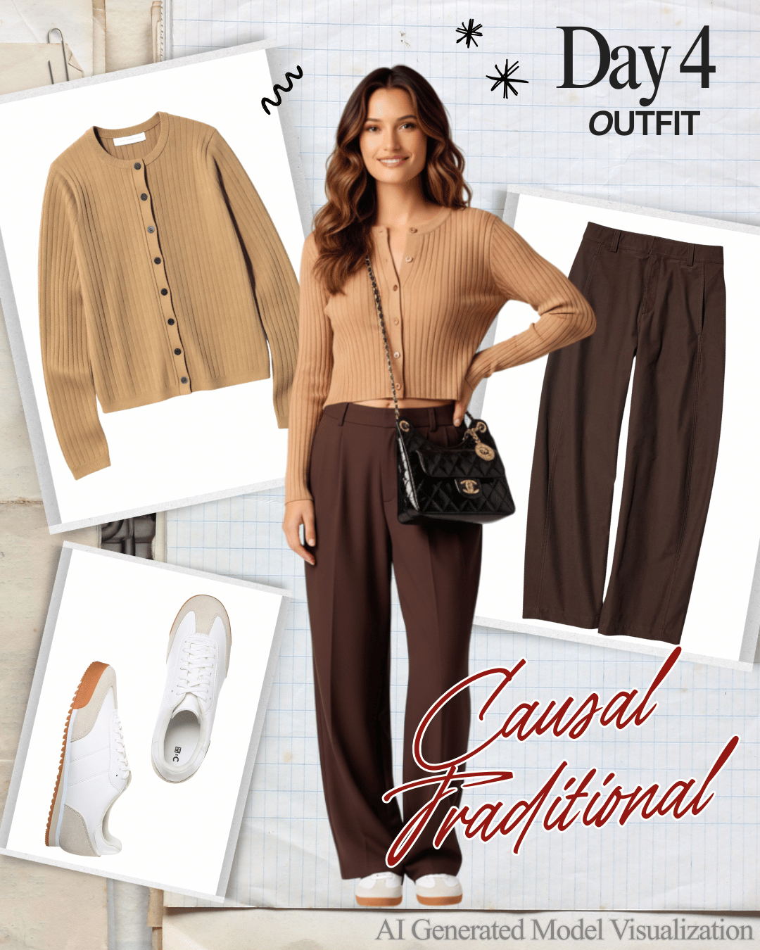 Outfit idea featuring a beige ribbed cardigan, a cropped beige ribbed button-front top, brown wide-leg pants, white sneakers, and a black Chanel purse, labeled as 'Day 4 Outfit' with the caption 'Casual Traditional'.