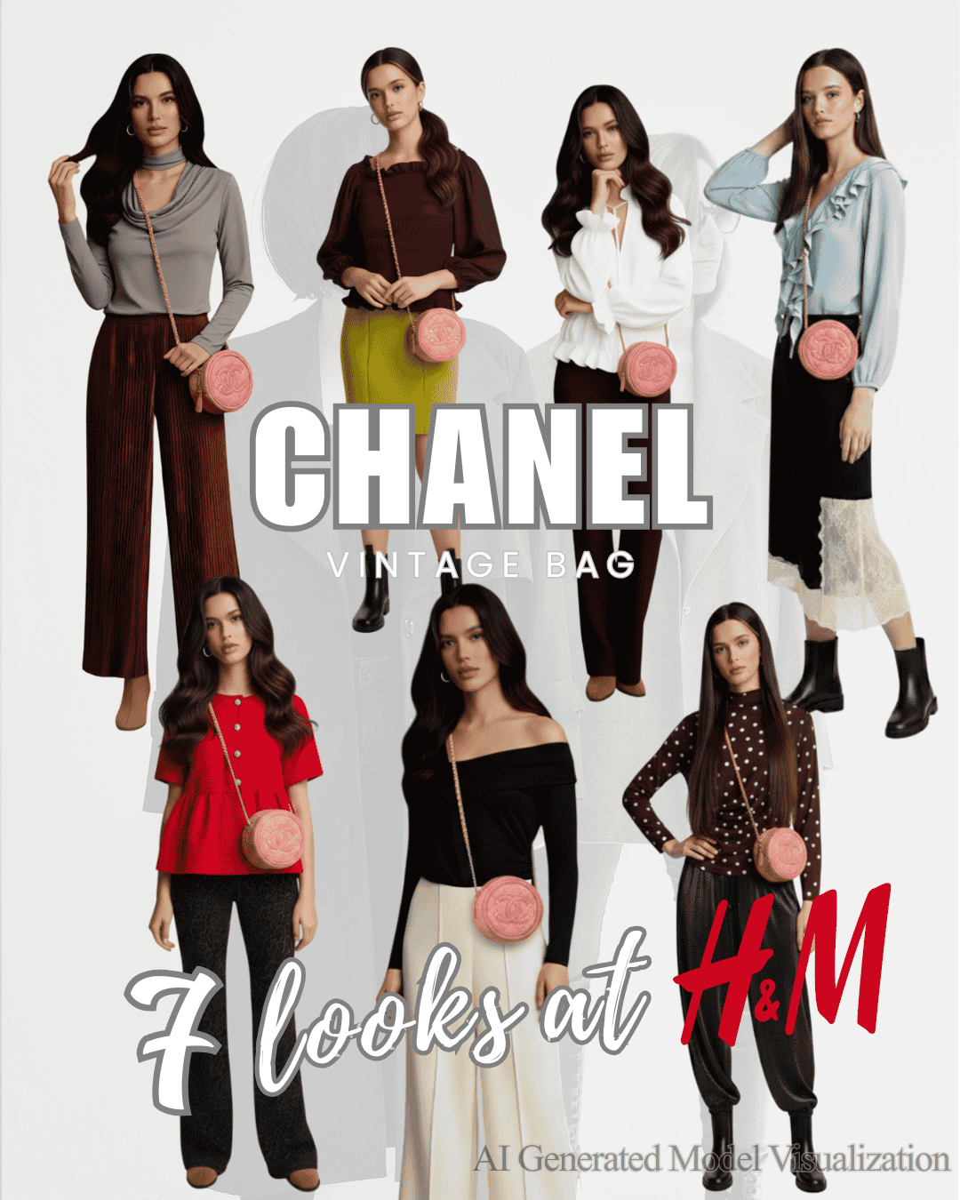 Multiple models wearing vintage Chanel bags in various outfits against a white background for H&M, with text reading 'CHANEL Vintage Bag' and 'Looks at H&M'.