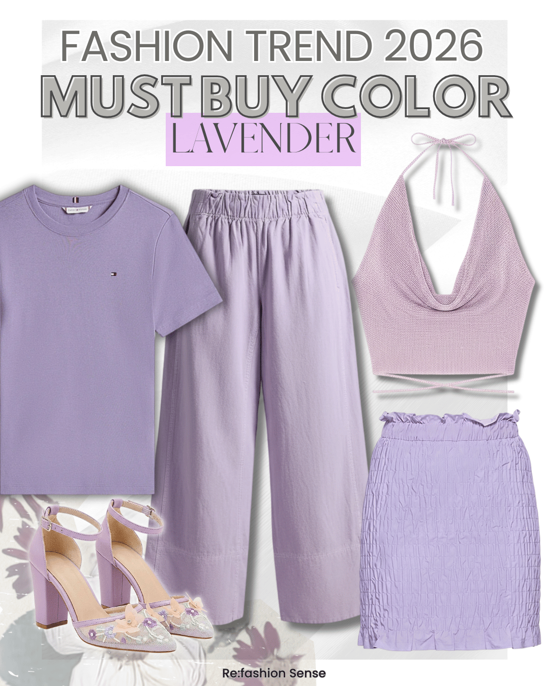 Fashion trend 2026 lavender clothing and accessories including a T-shirt, wide-leg pants, a halter top, a midi skirt, and lavender high-heeled shoes with floral details.