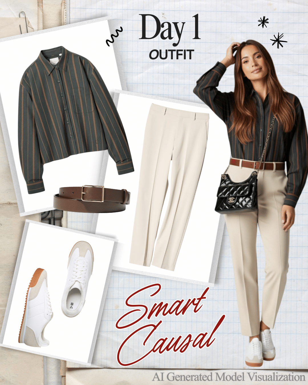 A fashion collage featuring a woman in a smart casual outfit, including a black and brown striped shirt, cream trousers, white sneakers, a brown belt, and a black patterned purse. The background has handwritten notes and sketches, with the text 'Day 1 Outfit' and 'Smart Casual'.