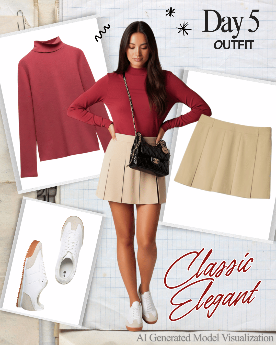 Fashion collage featuring a model in a red top, beige pleated skirt, white sneakers, and a black purse, with clothing items and text reading "Day 5 Outfit" and "Classic Elegant."