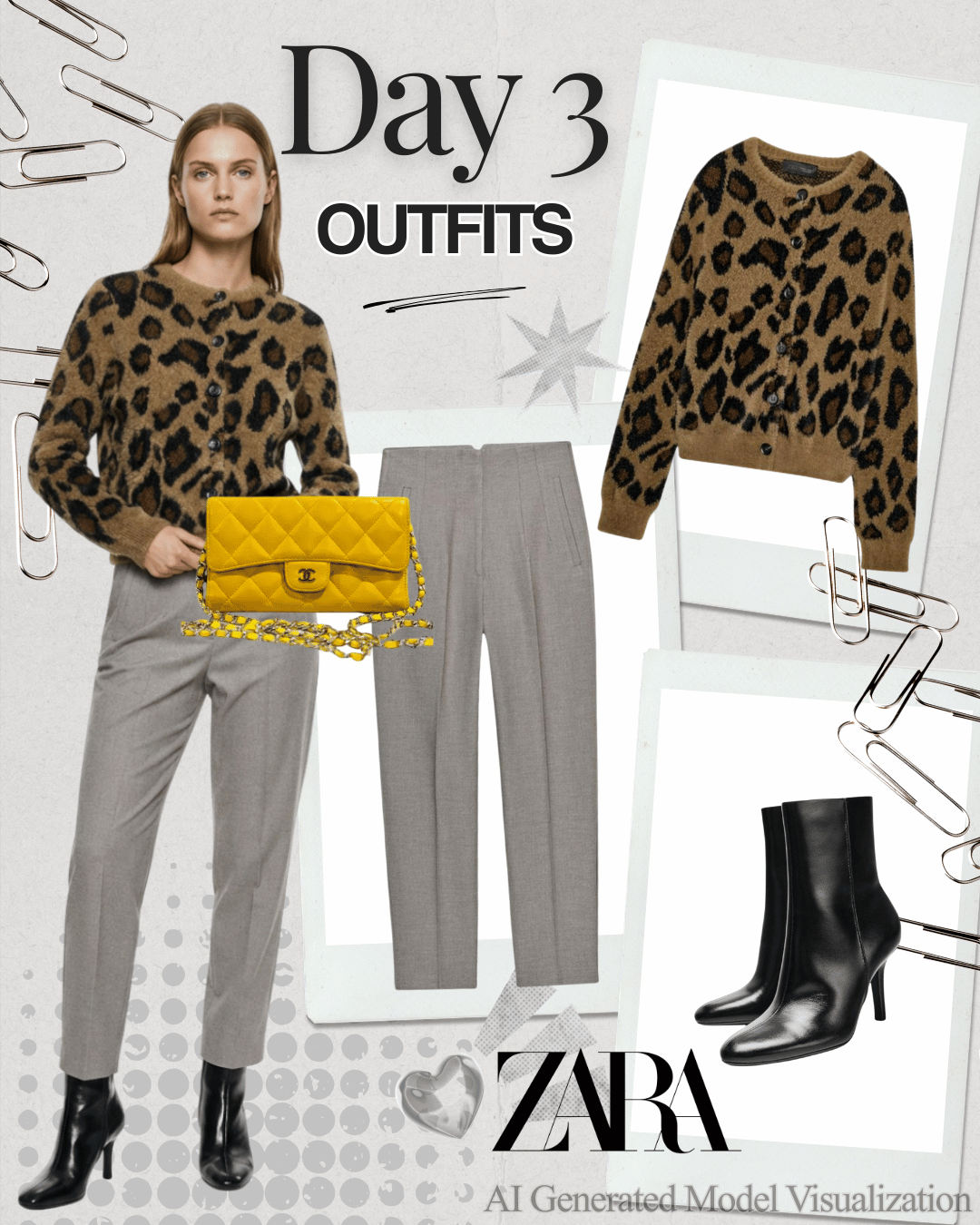 Fashion collage featuring a woman in a leopard print cardigan, gray trousers, black heeled boots, holding a yellow Chanel purse, with additional clothing items including a leopard cardigan, gray pants, and black boots, and text indicating 'Day 3 Outfits' for Zara.