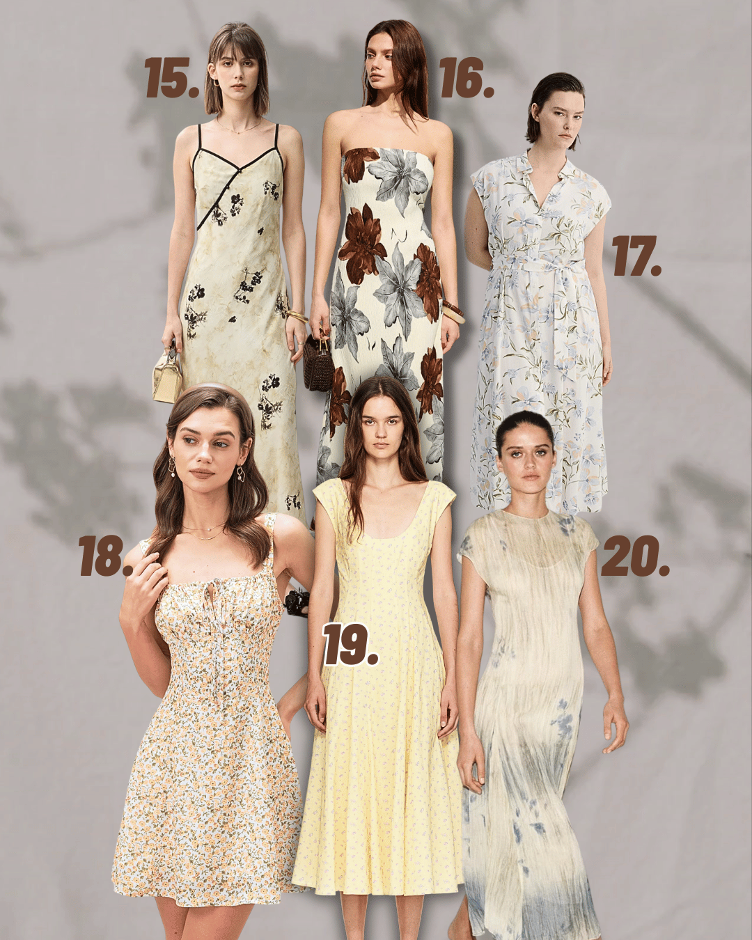 Group of six women modeling various styles of summer dresses with floral patterns, numbered 15, 16, 17, 18, 19, and 20.