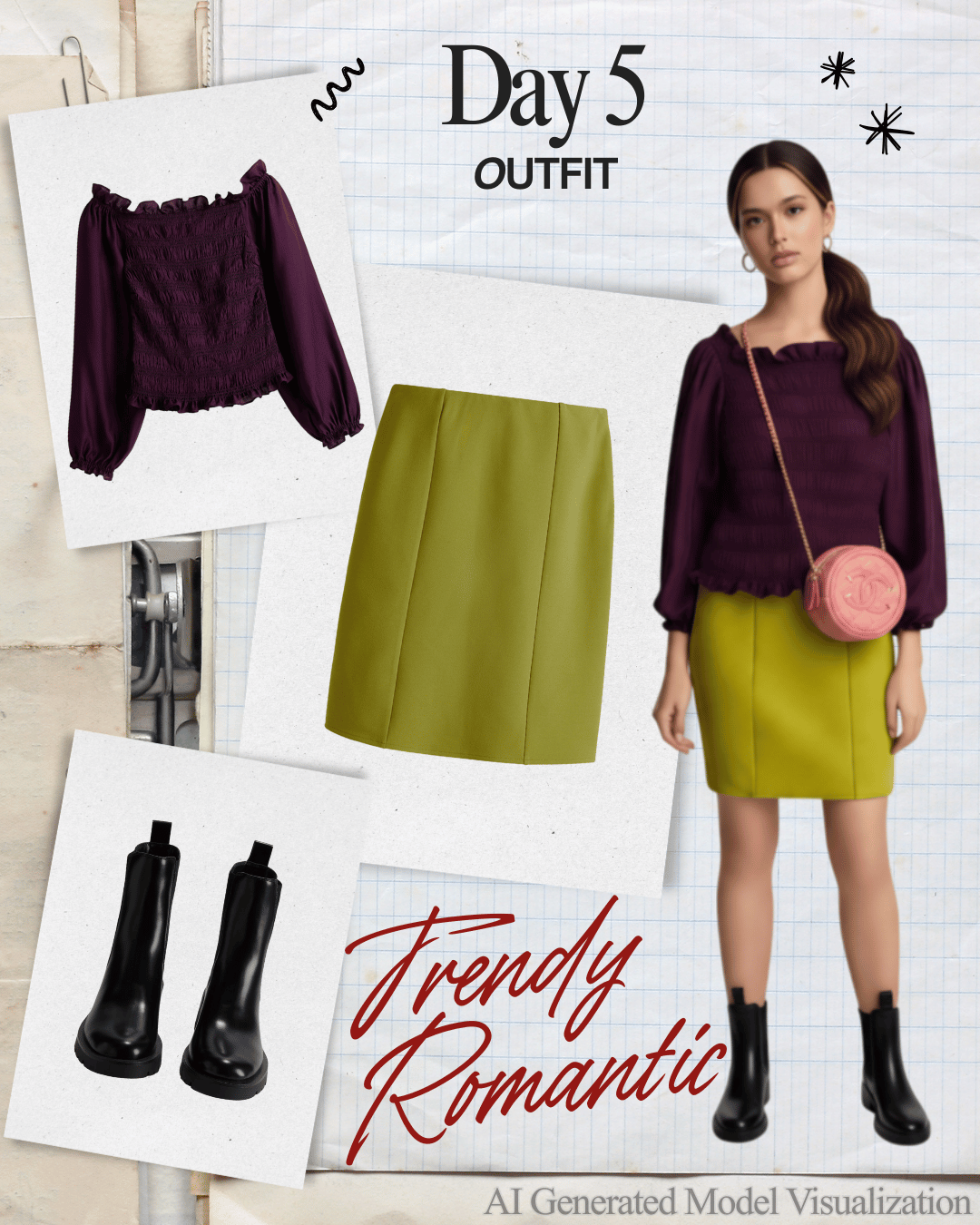 Fashion collage for Day 5 outfit featuring a purple ruched top with puffed sleeves, a lime green skirt, black combat boots, and a pink crossbody bag. The style is trendy and romantic.