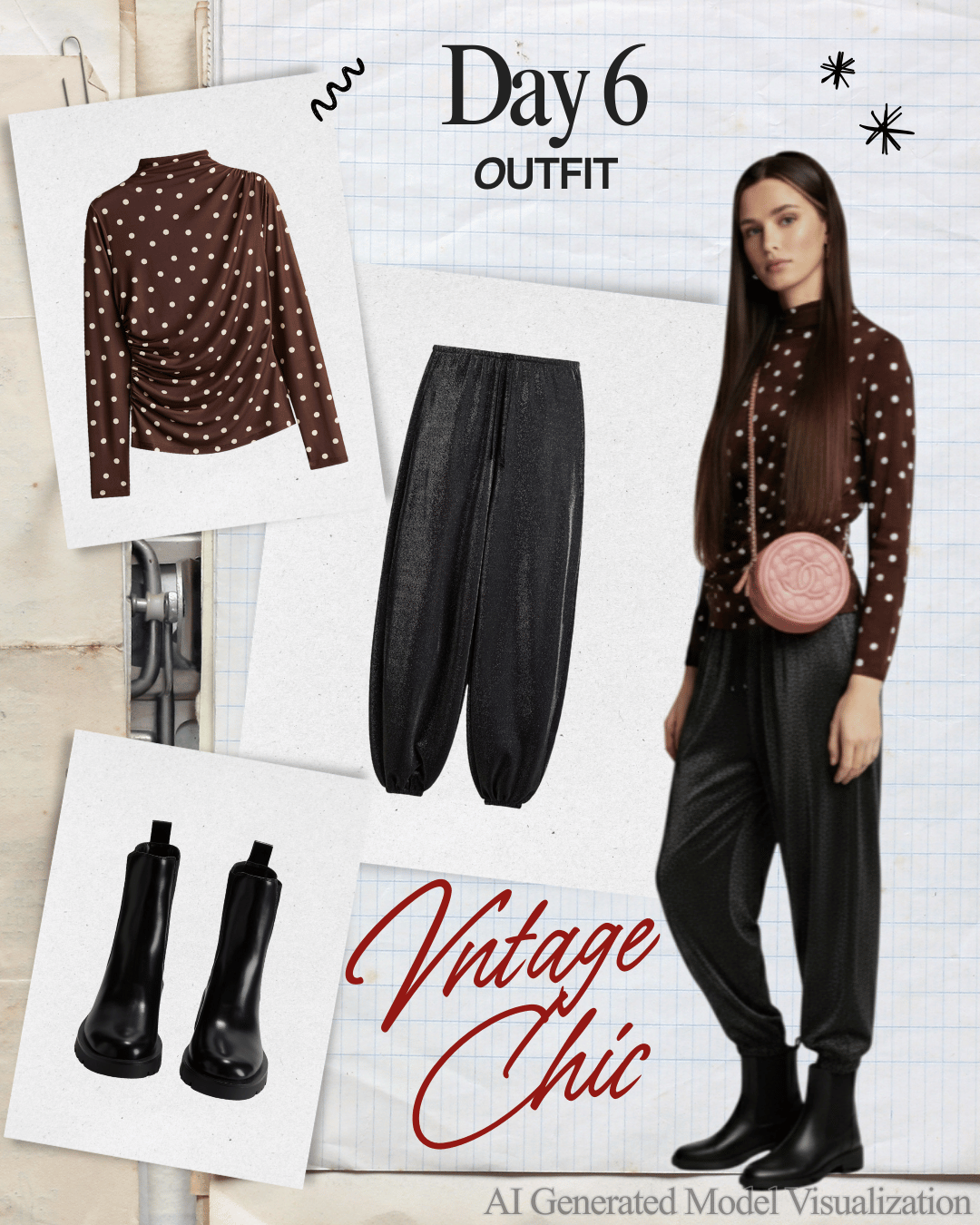 A collage featuring an outfit with a vintage chic style. It includes a brown polka dot long sleeve top, black wide-leg pants, and black boots. A model is wearing the outfit, accessorized with a pink round purse. The text "Day 6 Outfit" and "Vintage Chic" is displayed, along with sketches and photos of the clothing items.