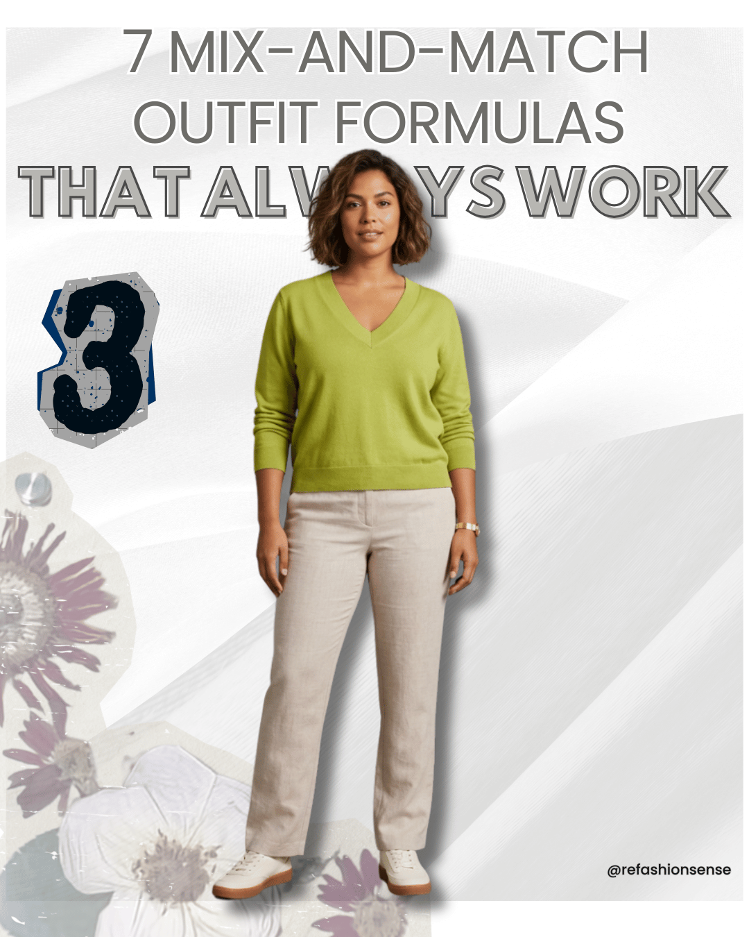 A woman in a green V-neck sweater and beige pants standing against a patterned background with text about outfit formulas.