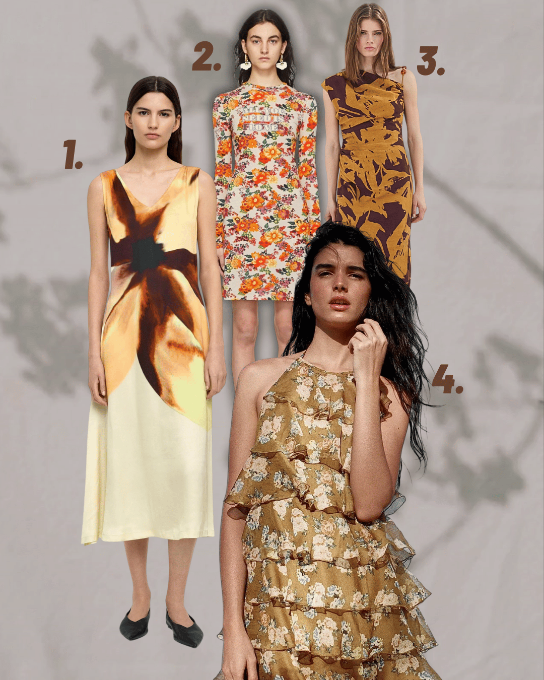 Four women wearing various floral and patterned dresses sit and stand against a plain background, each numbered from 1 to 4.