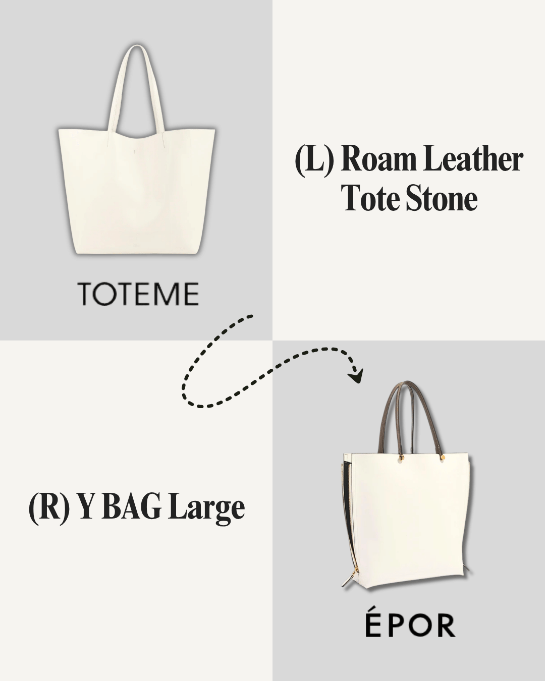 A woman carries a large white tote bag made of leather from ÉPOR, with a smaller, white Roam leather tote stone inside.