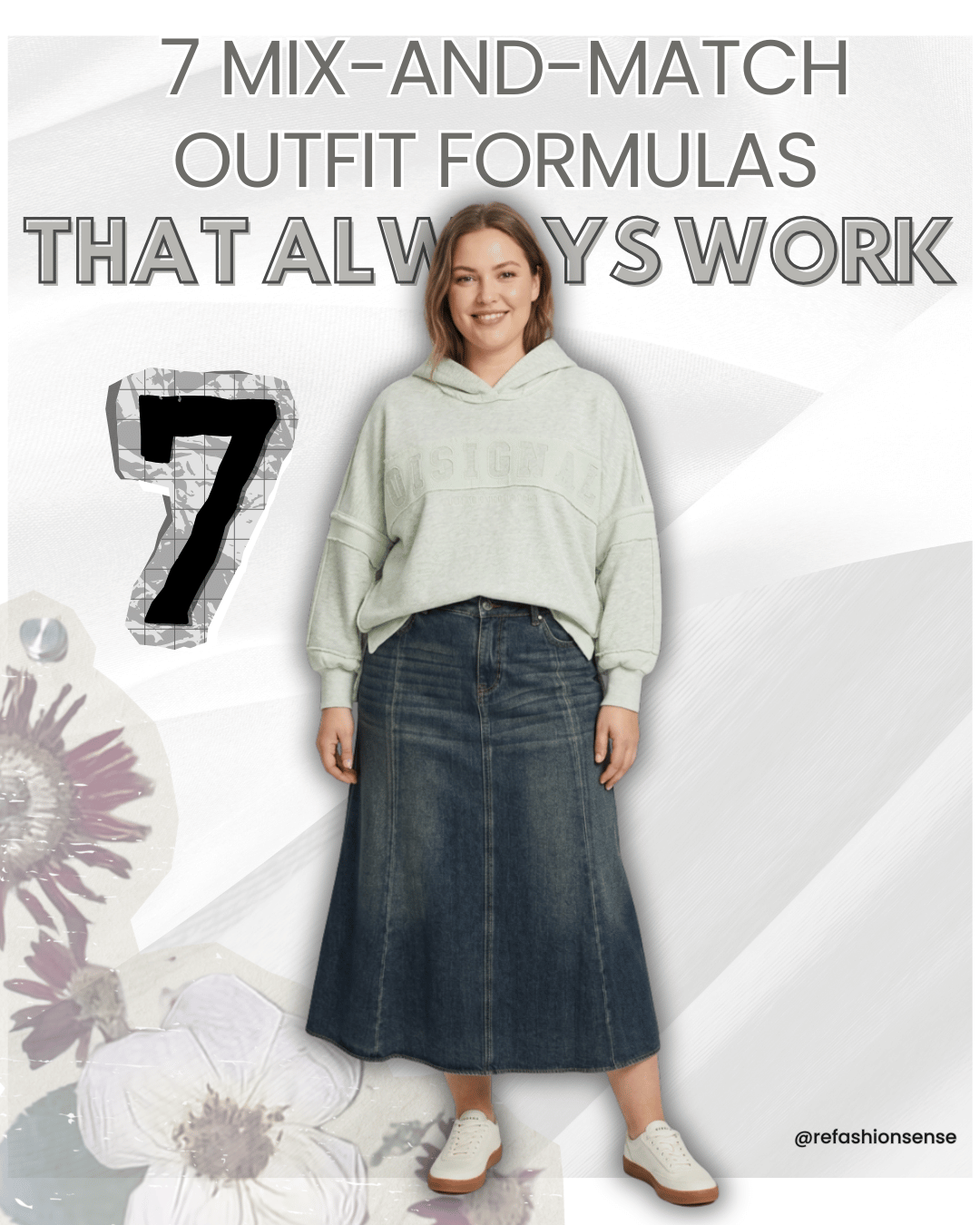 A woman wearing a light-colored hoodie and a long denim skirt, standing in front of a light background with floral designs, with large text reading "7 Mix-and-Match Outfit Formulas That Always Work" and a large number 7. The bottom right corner has the handle "@refashionsense".