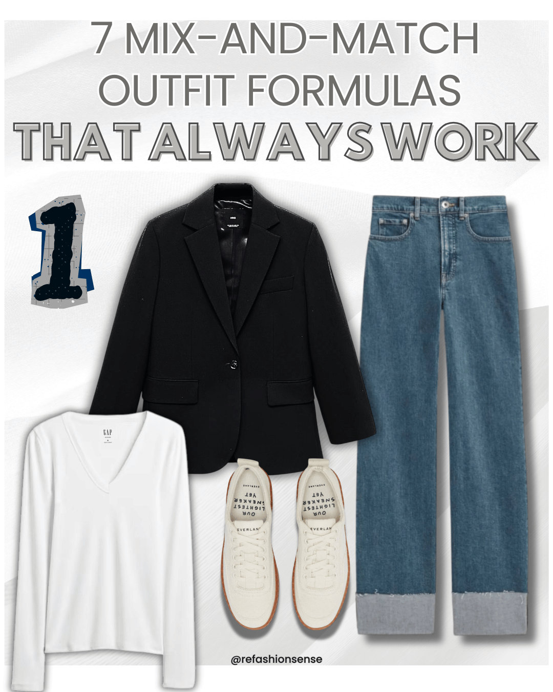 Flat lay of a black blazer, white sweater, blue wide-leg jeans, cream sneakers, and a graphic number one sticker, with text referencing versatile mix-and-match outfit formulas.