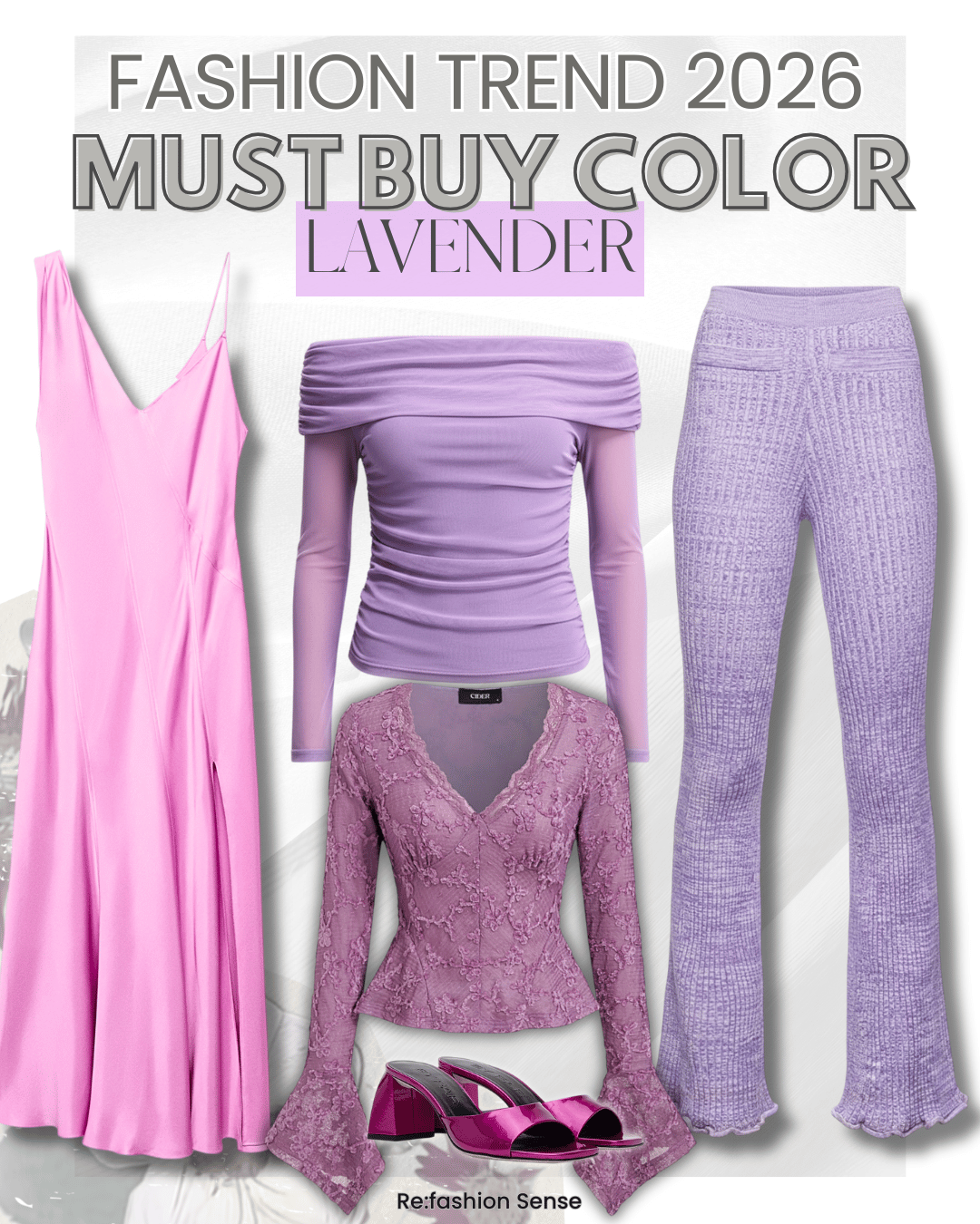 Display of lavender clothing and accessories for 2026 fashion trend, including a pink dress, lavender off-shoulder top, lavender lace blouse, lavender pants, and pink shoes.