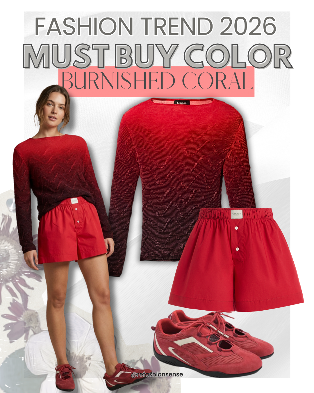 Fashion trend 2026 featuring a burned coral color for clothing and accessories, including a sweater, shorts, shoes, and a woman wearing a sweater and shorts in the same color.