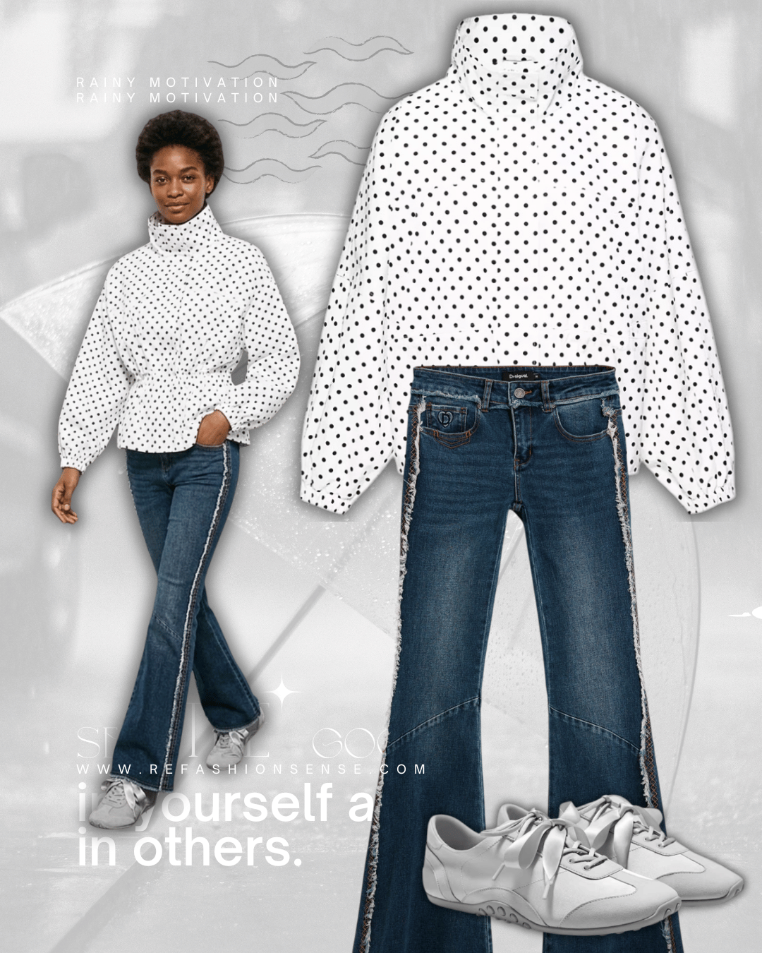 Image featuring a woman wearing a white polka dot raincoat, jeans with side stripe, white sneakers, and a background with rain illustration and brand advertisement.