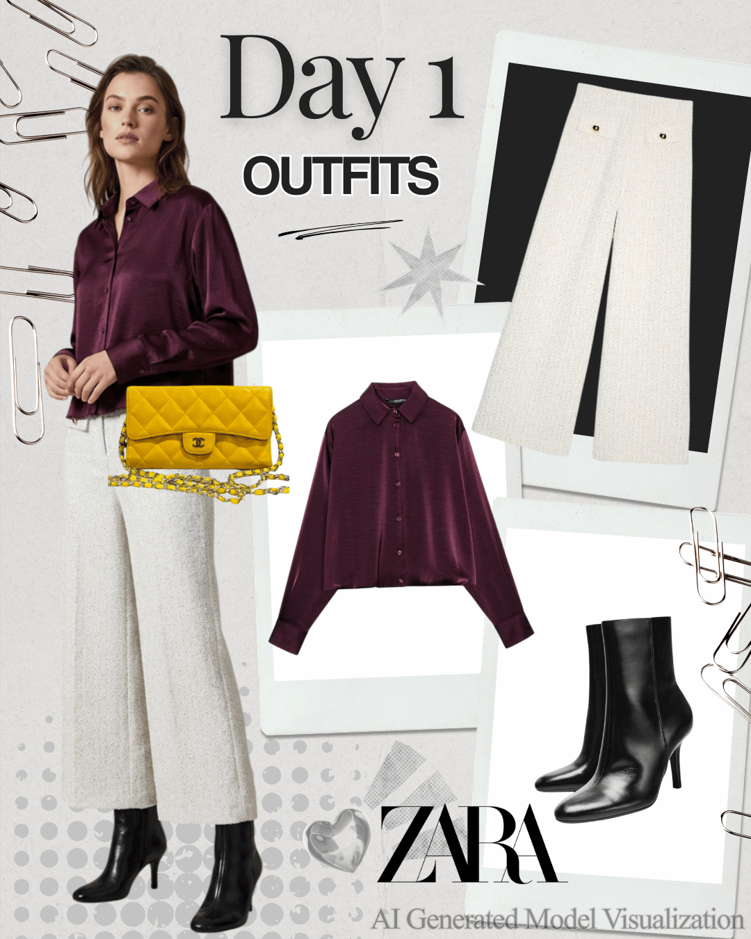Fashion outfit collage featuring a woman in a purple silk shirt, white wide-leg textured pants, and black heeled boots; a yellow quilted handbag; additional purple silk shirt; pair of white wide-leg pants and black boots, with text indicating day 1 outfits from Zara.