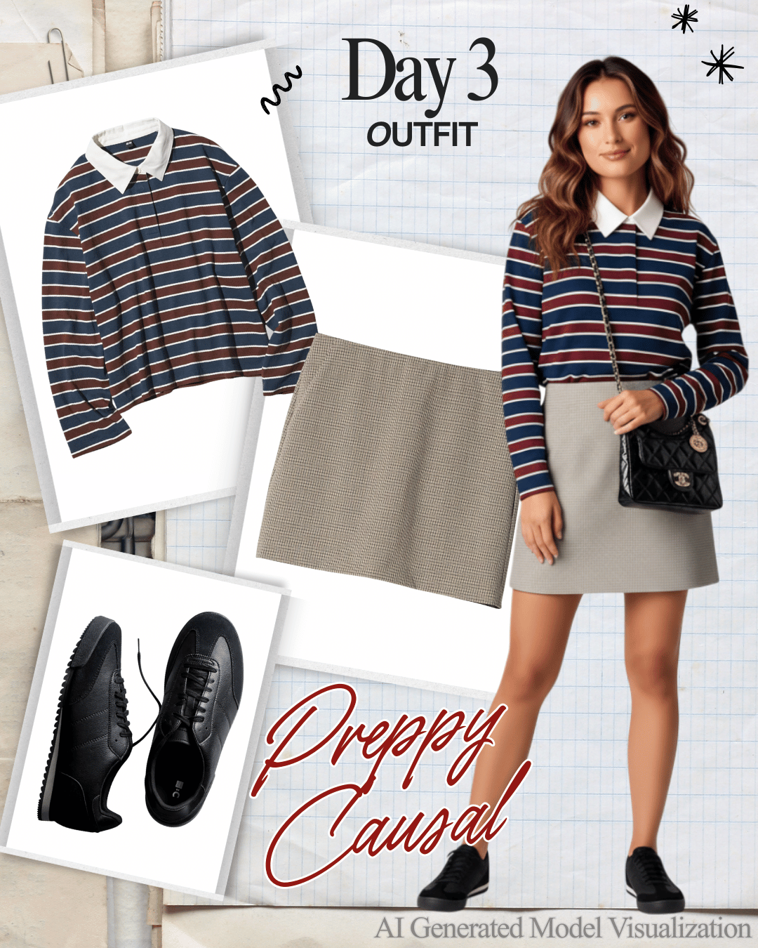 A collage showing a model wearing a striped shirt with a white collar, beige skirt, and black sneakers, with additional images of the striped shirt, beige skirt, and black sneakers, and text indicating 'Day 3 Outfit' and 'Preppy Casual'.