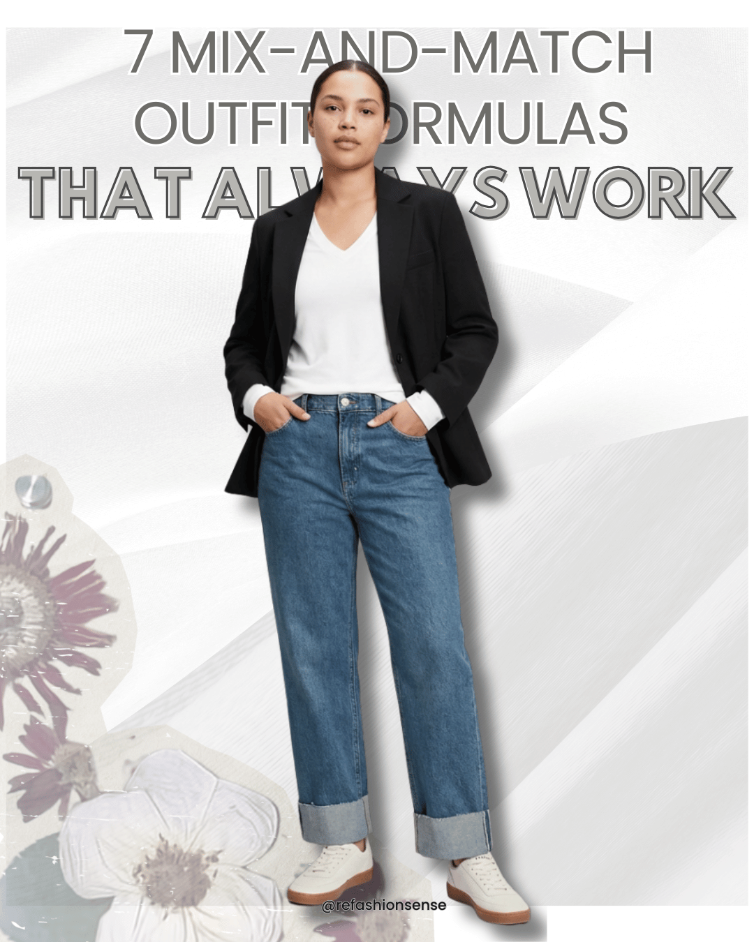 A woman dressed in casual jeans, white shirt, and black blazer standing in front of a graphic background with large text about mix-and-match outfit formulas.