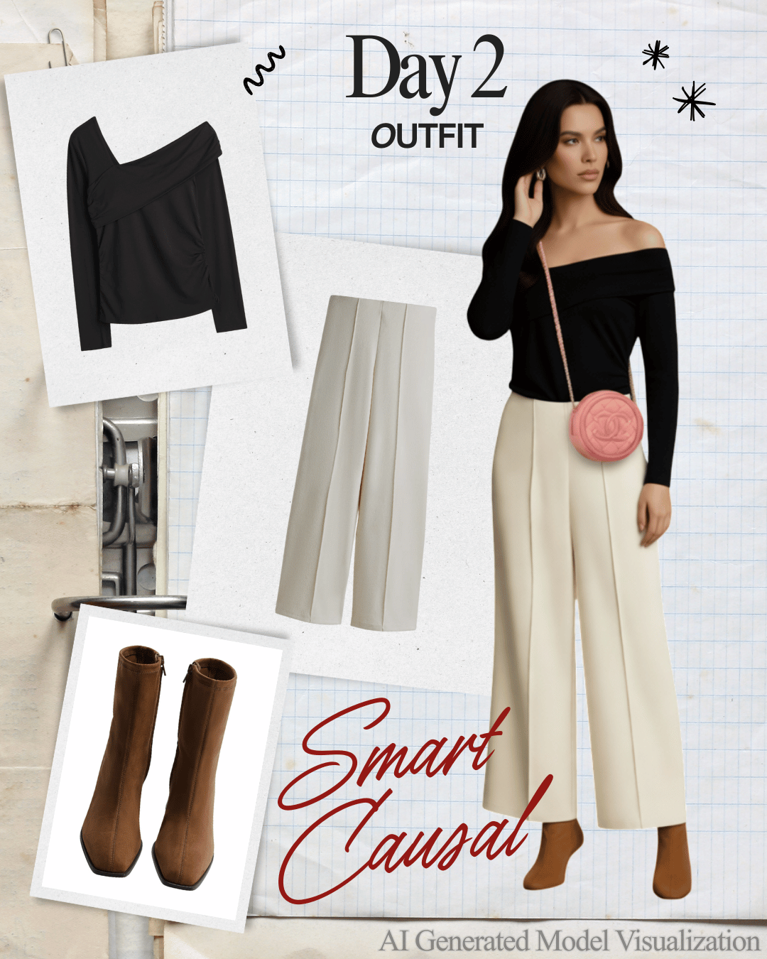 A fashion mood board featuring an outfit with a black off-the-shoulder top, cream wide-leg pants, brown ankle boots, and a pink round bag. The text indicates it is for Day 2 Outfit with a smart casual style.