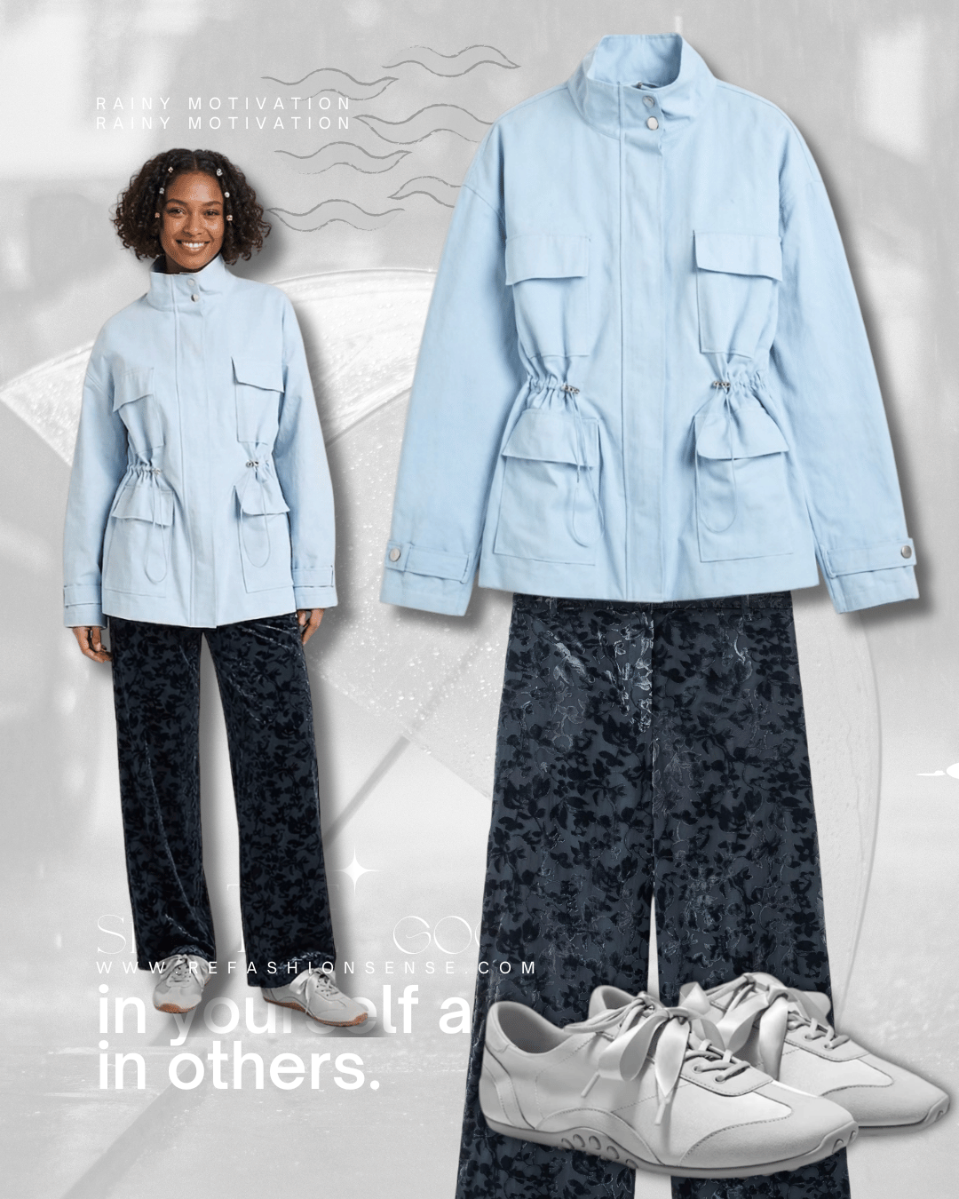 A light blue rain jacket with drawstrings at the waist, worn by a smiling woman with curly hair, paired with dark patterned pants and white sneakers; displayed next to a larger image of the same rain jacket on a plain background.