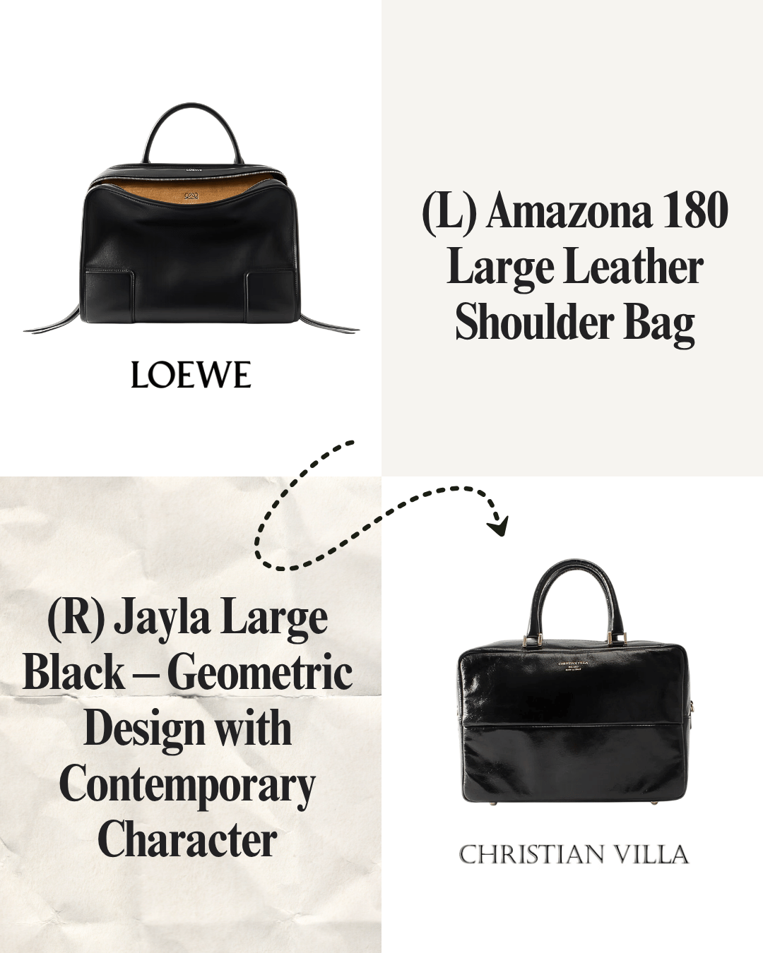 Two black leather handbags, one with a rounded top and the other with a rectangular shape. The brands LOEWE and CHRISTIAN VILLA are labeled. The text describes the bags: '(L) Amazona 180 Large Leather Shoulder Bag' and '(R) Jayla Large Black - Geometric Design with Contemporary Character', with arrows pointing to each respective bag.