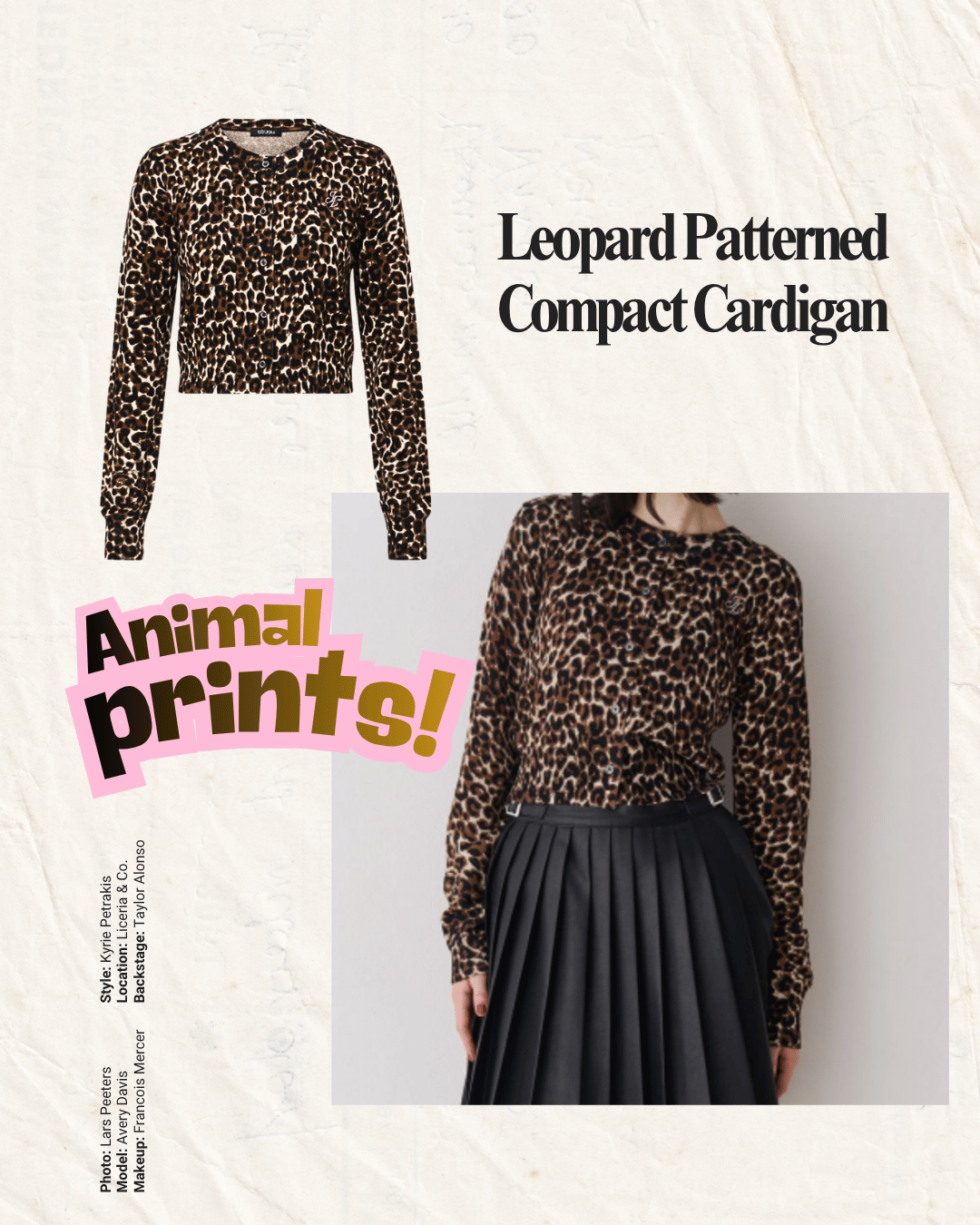A leopard print cardigan with long sleeves and a cropped fit, accompanying a statement about animal print clothing.