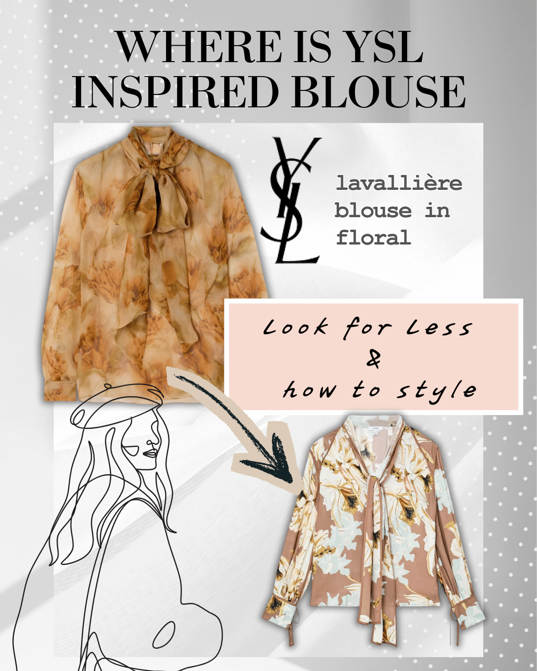 A digital graphic showing two floral Yves Saint Laurent inspired blouses, one in beige and one in pink, with text indicating where to find similar blouses and styling tips.