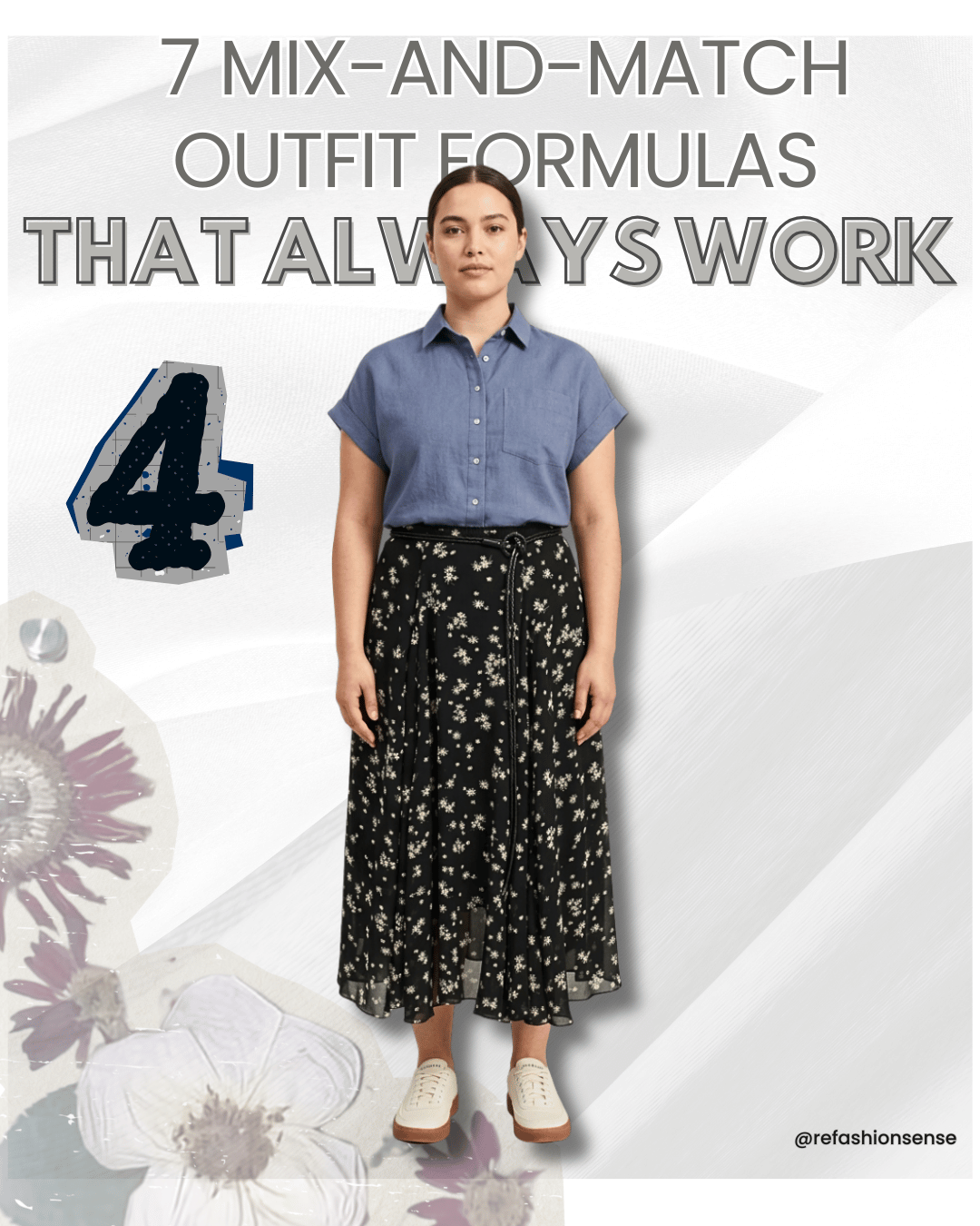 A woman wearing a blue button-up shirt and a black maxi skirt with white floral print barefoot on a white background with text that reads, "7 Mix-and-Match Outfit Formulas That Always Work," and some floral graphics.