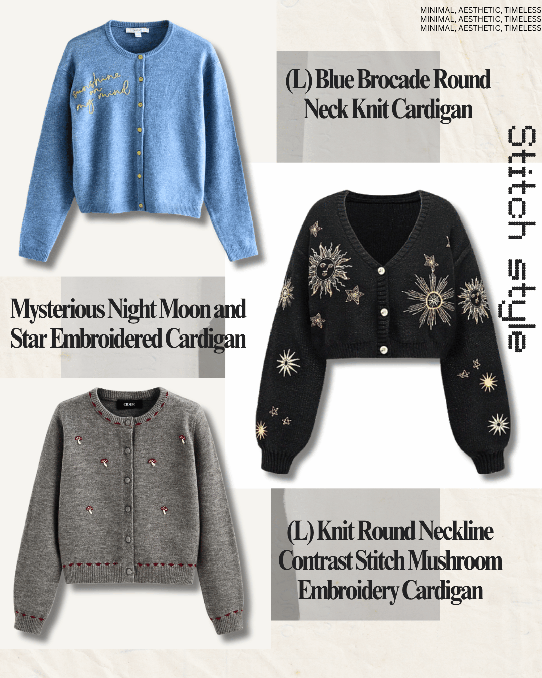 Three knitted cardigans with embroidery, including a blue round neck, a black star and sun design, and a gray mushroom design.