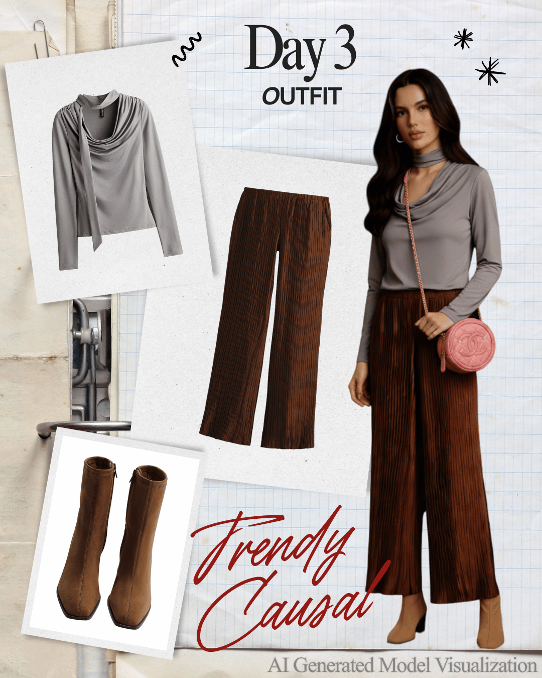 A digital collage showcasing a fashion outfit for Day 3, featuring a gray cowl-neck long sleeve top, brown pleated wide-leg pants, beige ankle boots, and a pink crossbody bag. The collage has handwritten notes saying "Trendy Causal" and "Day 3 Outfit" on a background resembling lined notebook paper.