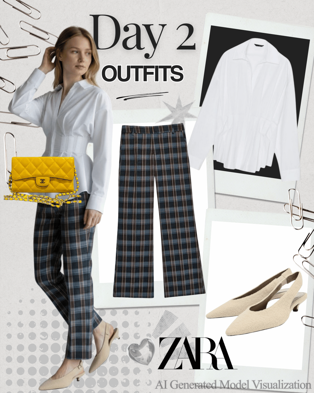 Fashion collage showcasing a white blouse, plaid trousers, beige heels, a yellow quilted handbag, and accompanying polaroid style images of the clothing items, with text indicating 'Day 2 Outfits' and the brand 'Zara'.
