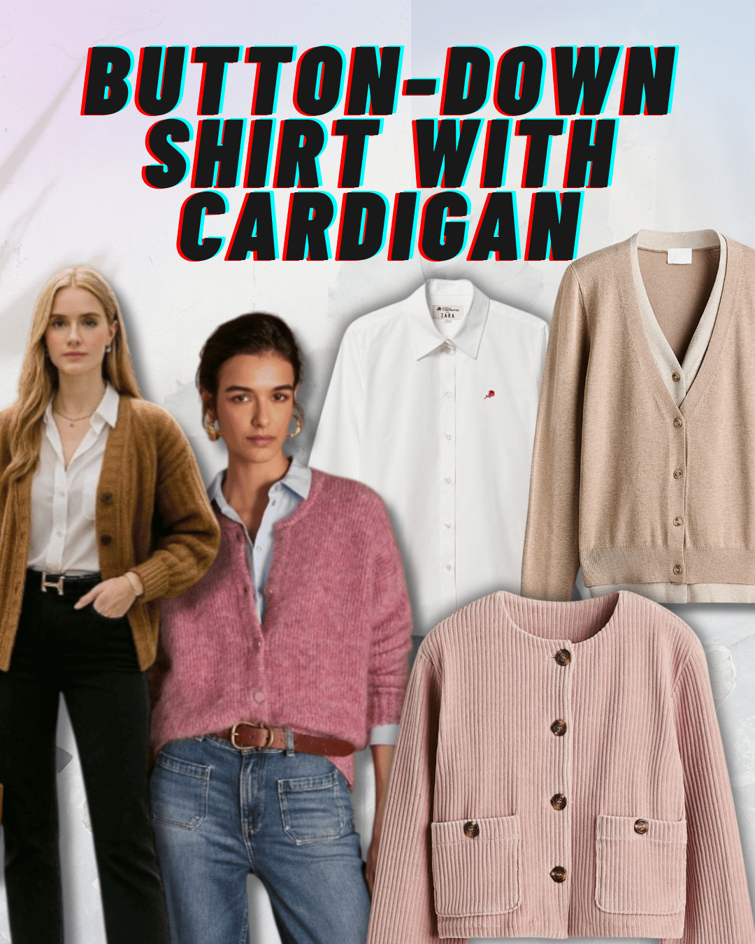 Display of four button-down shirts and three cardigans with two women modeling outfits, featuring neutral and pastel colors.