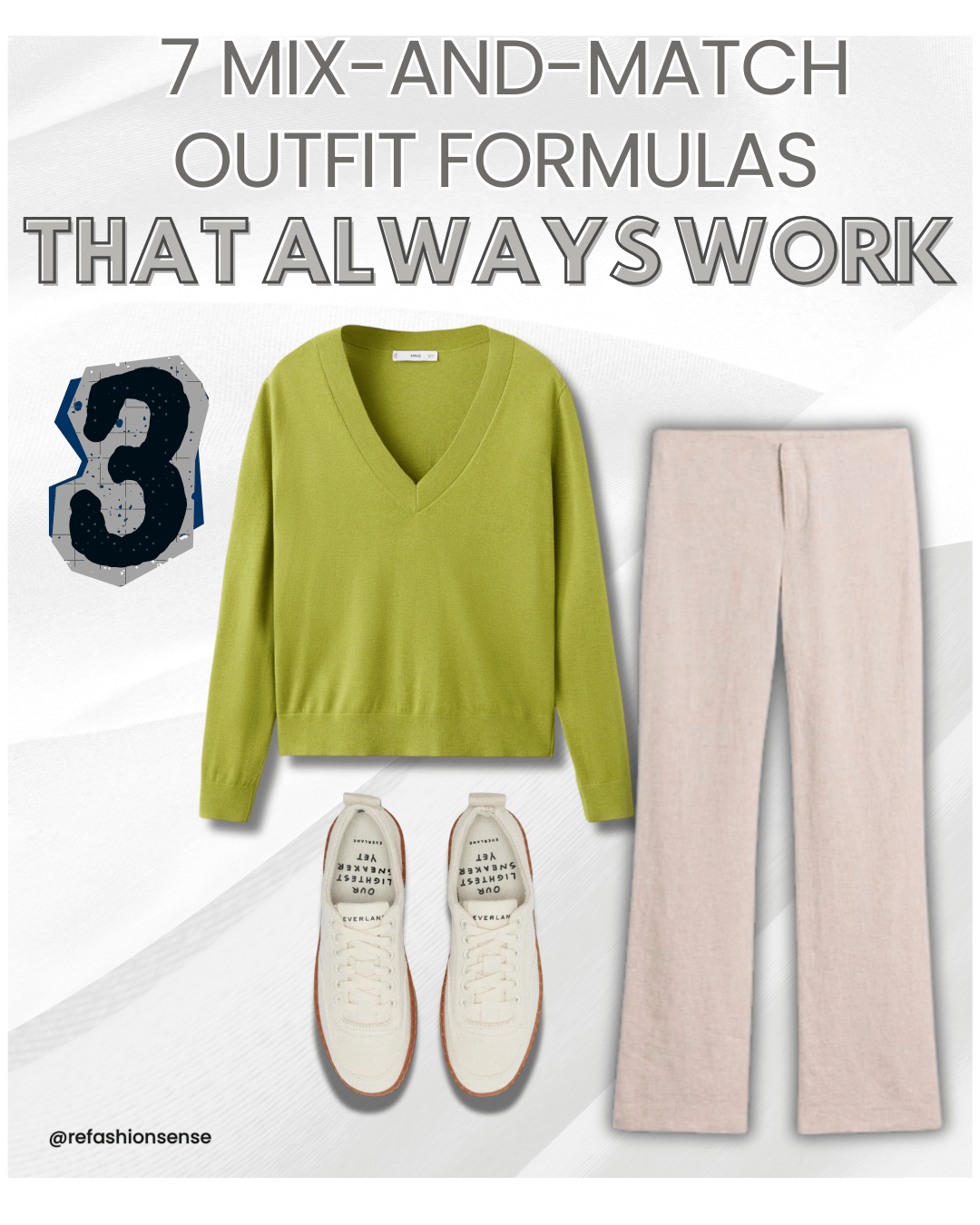Green V-neck sweater, beige wide-leg pants, white sneakers with black text, and a graphic showing the number three, with text about outfit formulas that work.