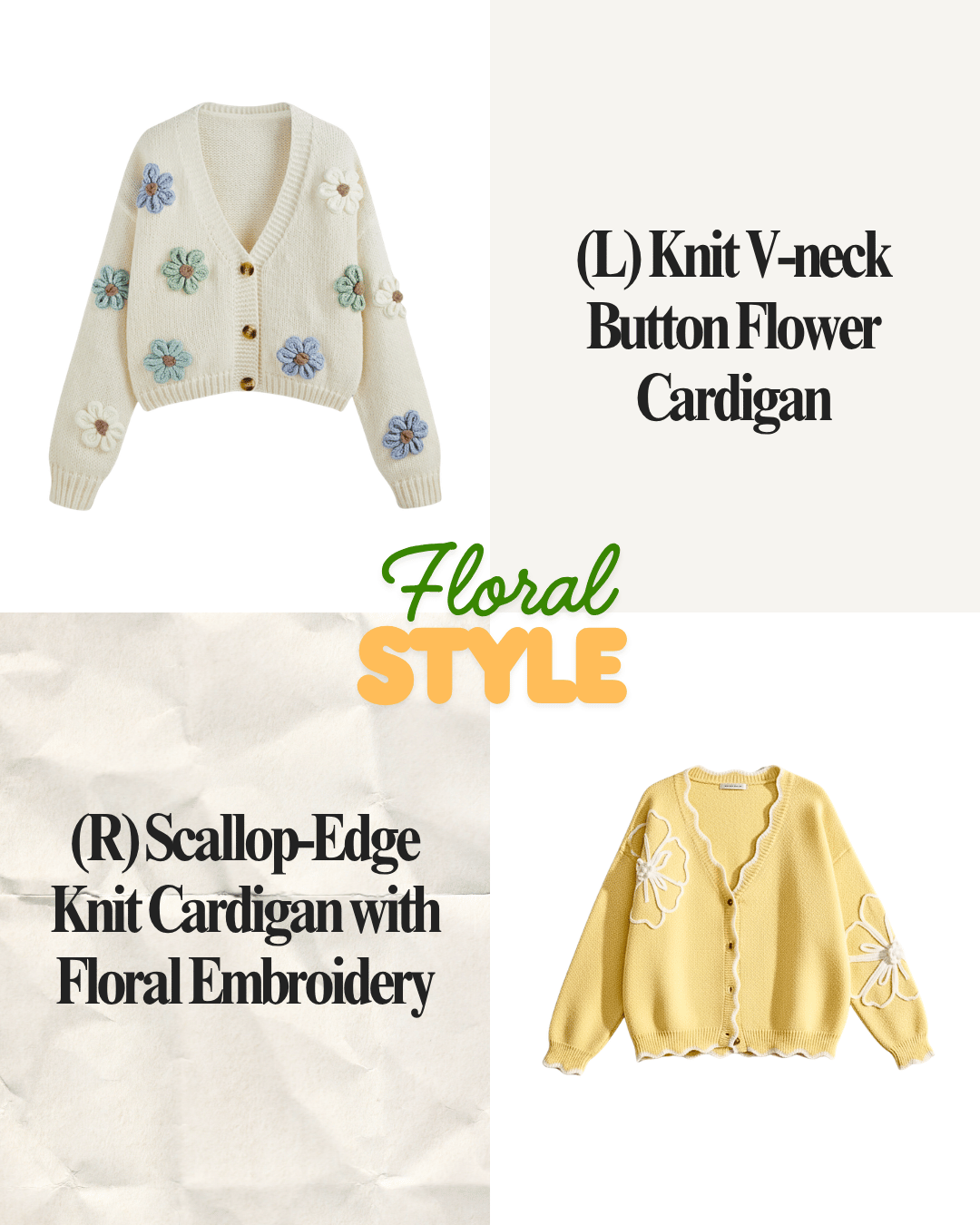 Two floral knit cardigans with embroidery and floral embellishments, one cream with colorful flowers and the other yellow with white floral embroidery, styled in a fashion showcase.