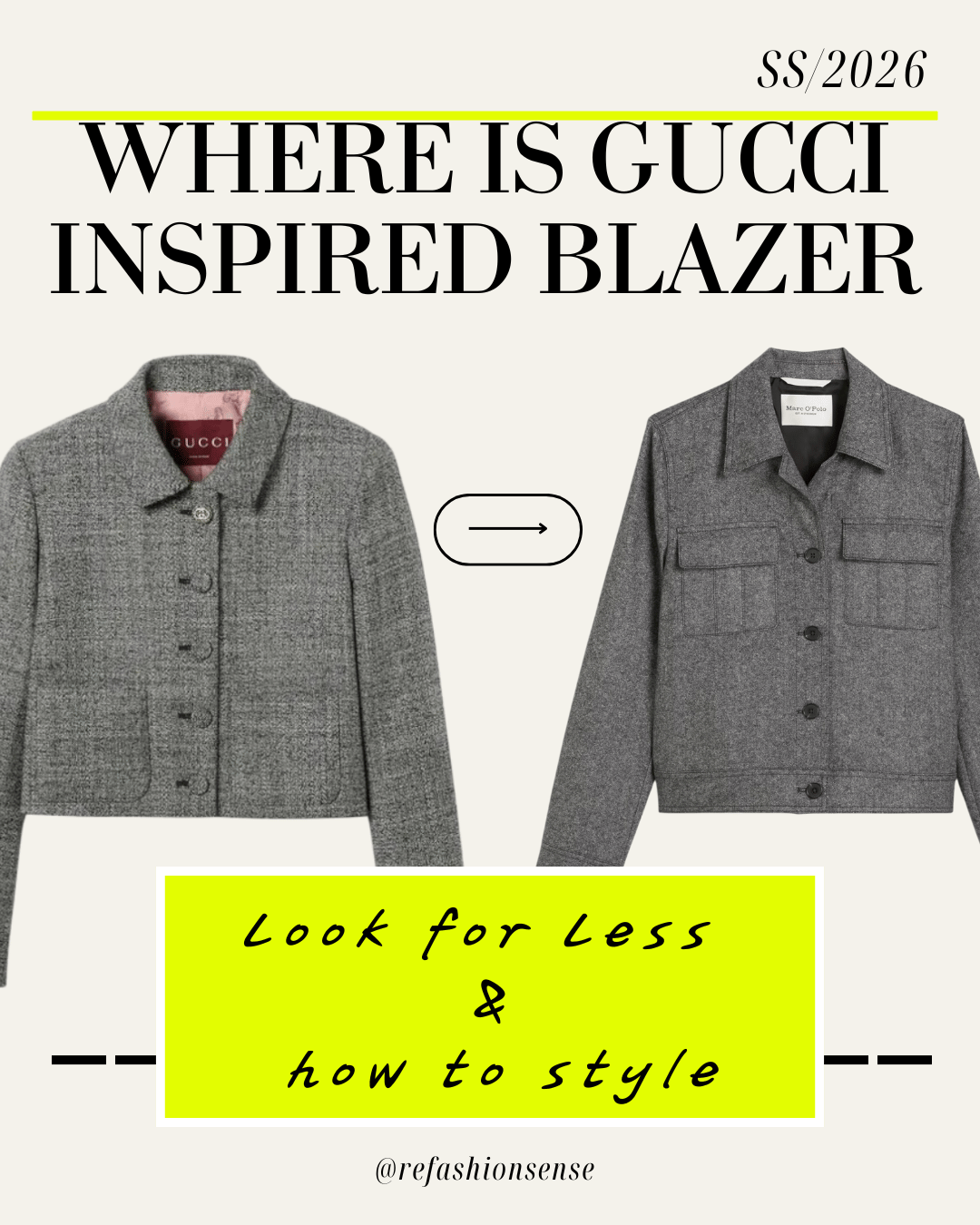 Comparison of two gray blazers, with an arrow pointing from the left blazer to the right blazer, captioned "Where is Gucci inspired blazer?" and a yellow box with black handwritten text saying "Look for Less & how to style."