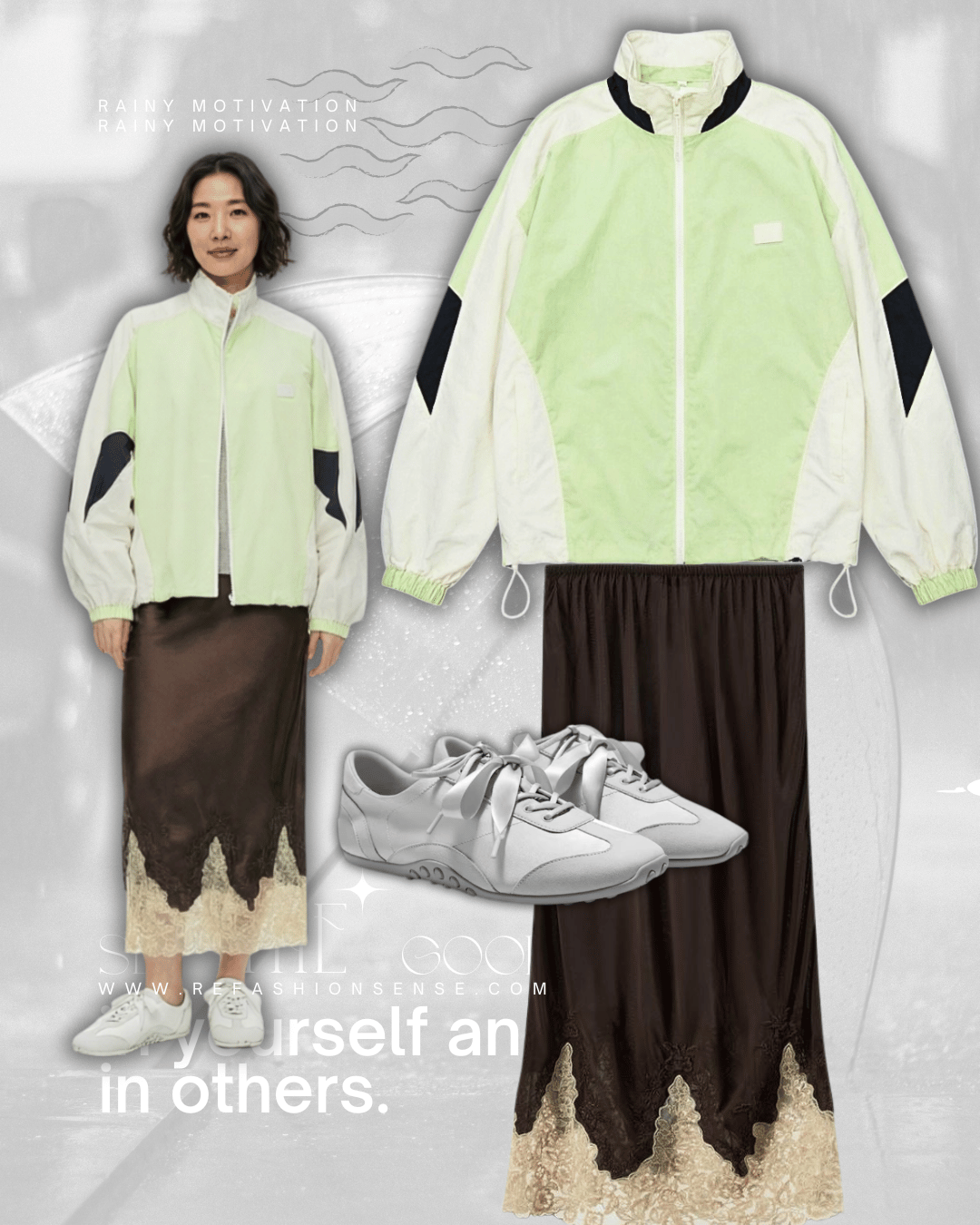 A woman wearing a light green and white color-blocked windbreaker with black accents, a dark brown lace-trimmed skirt, and white sneakers. Next to her are the windbreaker, a matching brown lace-trimmed skirt, and a pair of white sneakers arranged as a fashion flat lay.