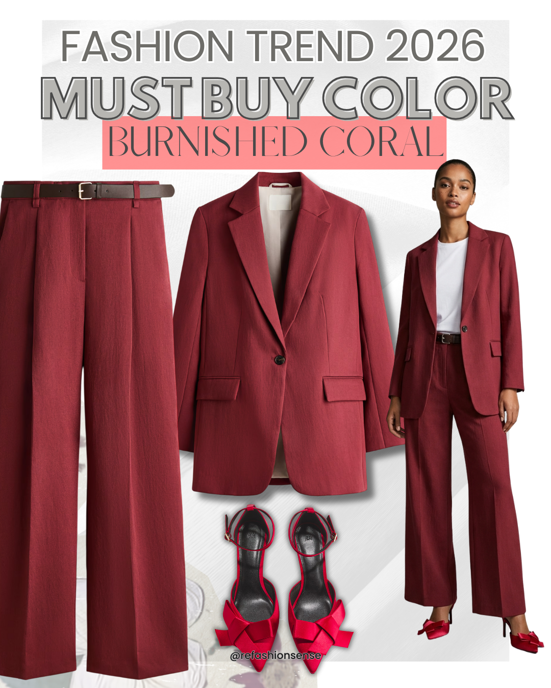 Fashion trend 2026 must-have burnt coral-colored business suit, including tailored pants, blazer, and matching heels, displayed with a model wearing the outfit.